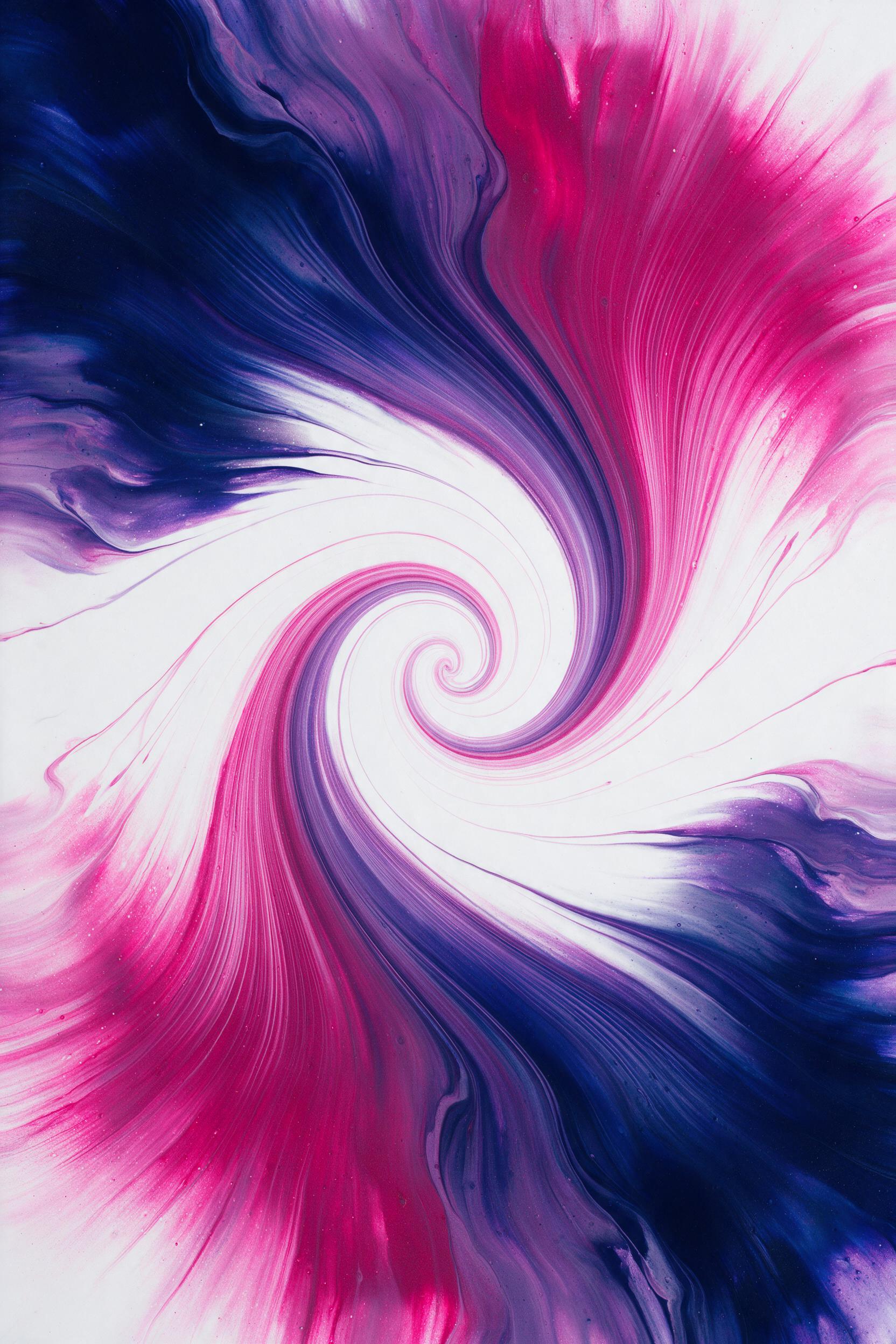 Fluid acrylic painting of hot magenta and indigo waves colliding, white negative space spiraling from center, soft studio lighting, matte surface, minimalist composition with dynamic flow lines