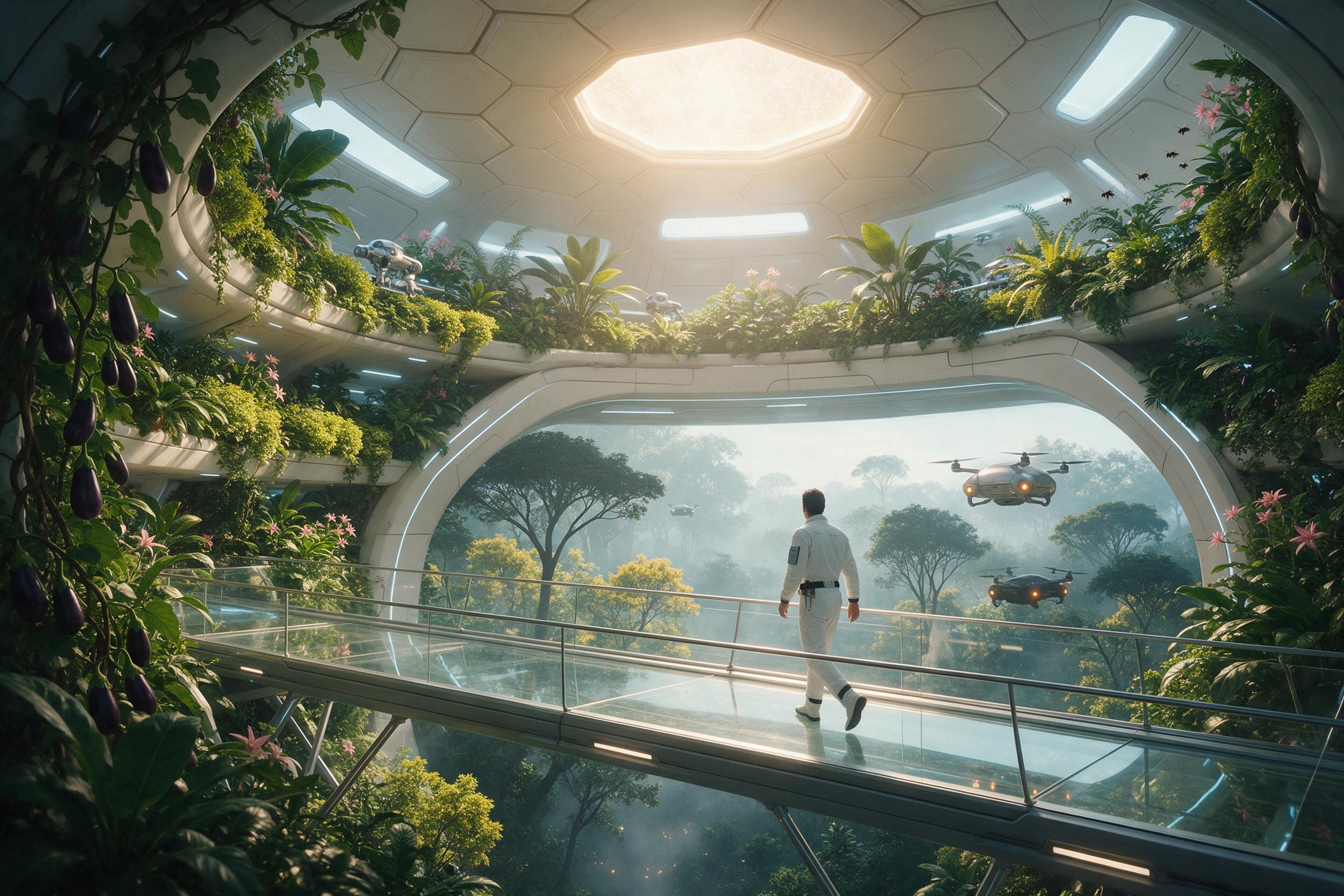 Inside a vast cylindrical space station habitat, lush vertical gardens line curved walls under a glowing artificial sun. A lone figure in a white suit walks a transparent bridge overlooking a misty forest and floating drones. Soft diffused light, gentle reflections on glass.