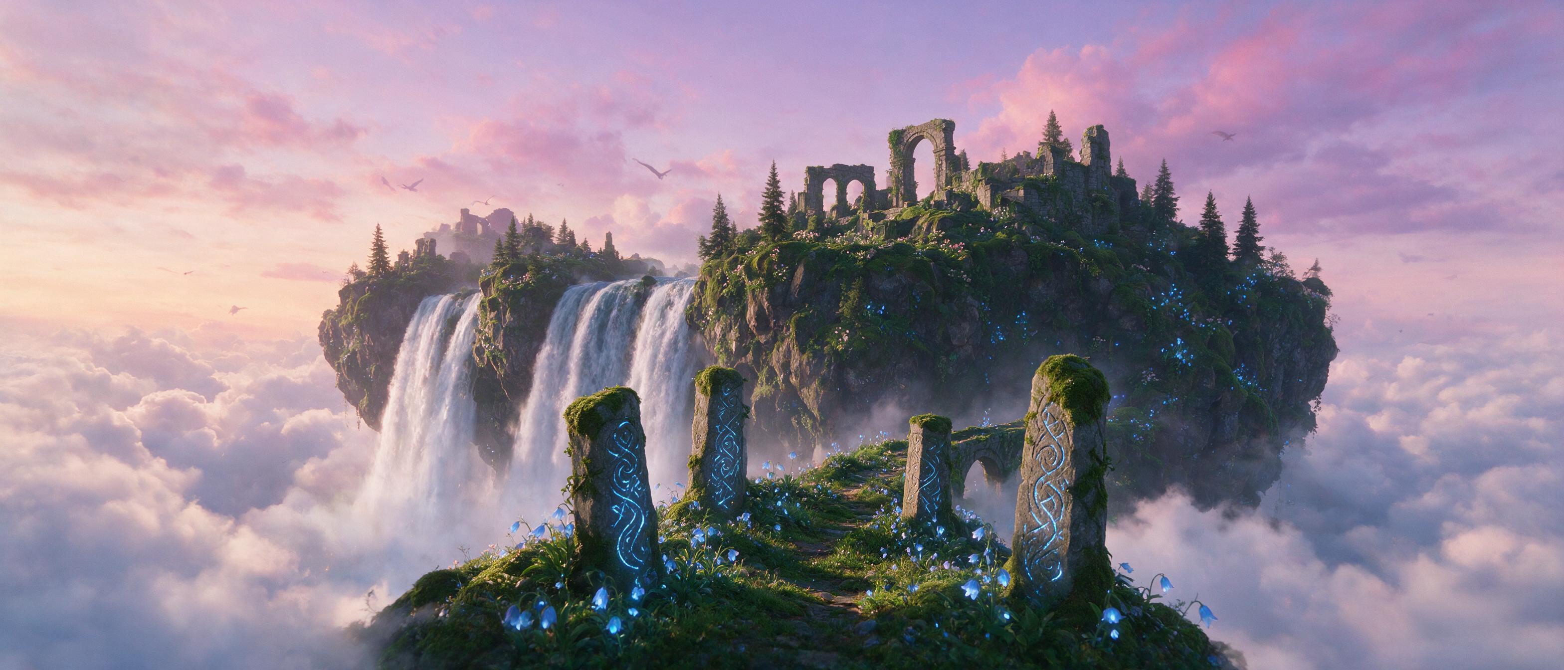 A floating island in twilight, waterfall cascading into misty clouds below, ancient glowing runes on stone pillars, luminescent blue flowers, soft lavender sky, distant winged silhouettes, cinematic wide shot, ethereal atmosphere