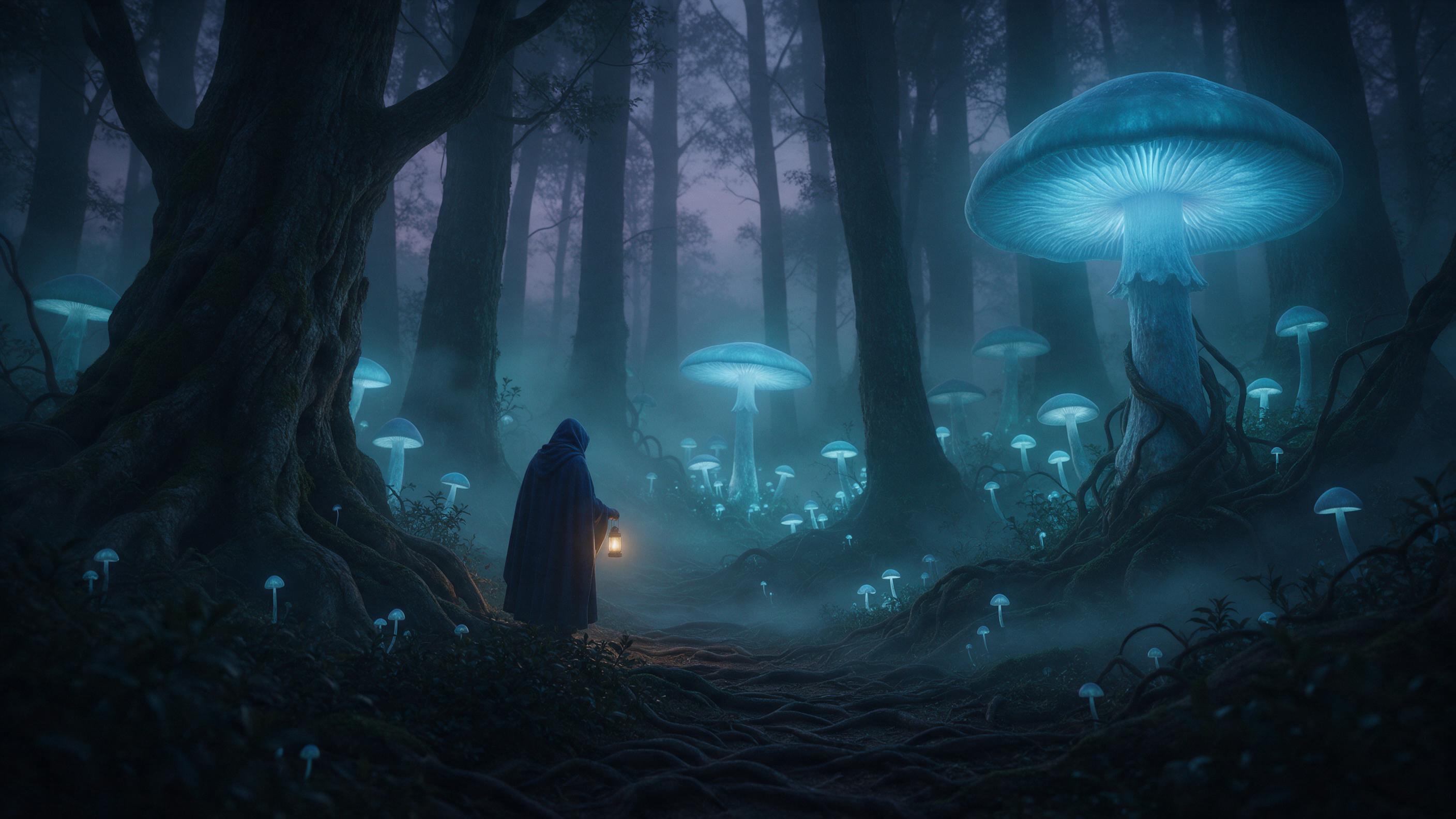 A misty ancient forest, colossal glowing mushrooms casting soft blue light, winding root paths, a lone hooded traveler with a lantern, fog rolling low, twilight tones of teal and violet, cinematic composition, ethereal atmosphere