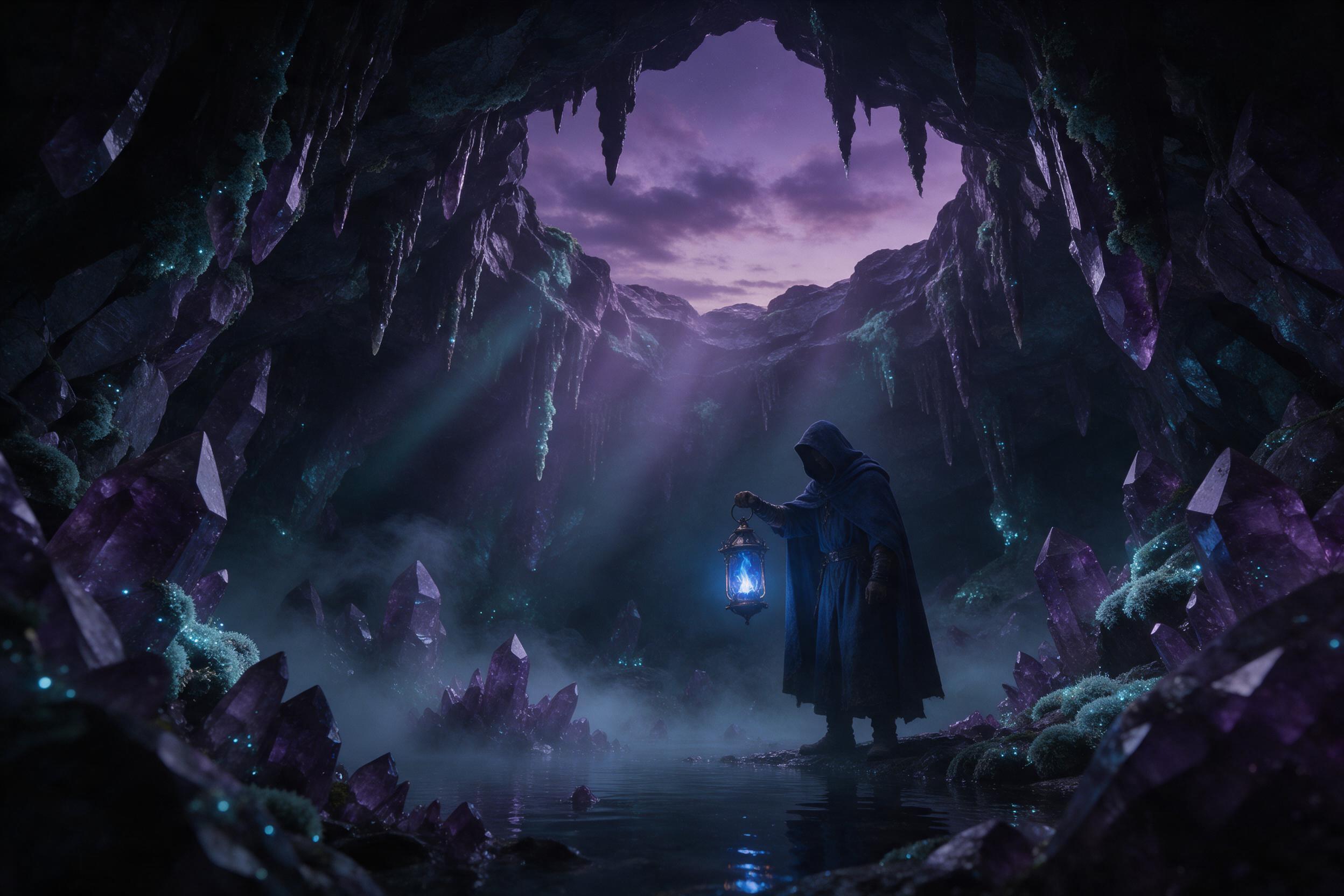 A glowing crystal cavern beneath a violet sky, bioluminescent moss clinging to jagged mineral walls, a lone hooded figure holding a lantern of blue fire, mist swirling around stalactites, soft ethereal light rays penetrating cracks above, muted purples and teals with deep shadows, cinematic composit