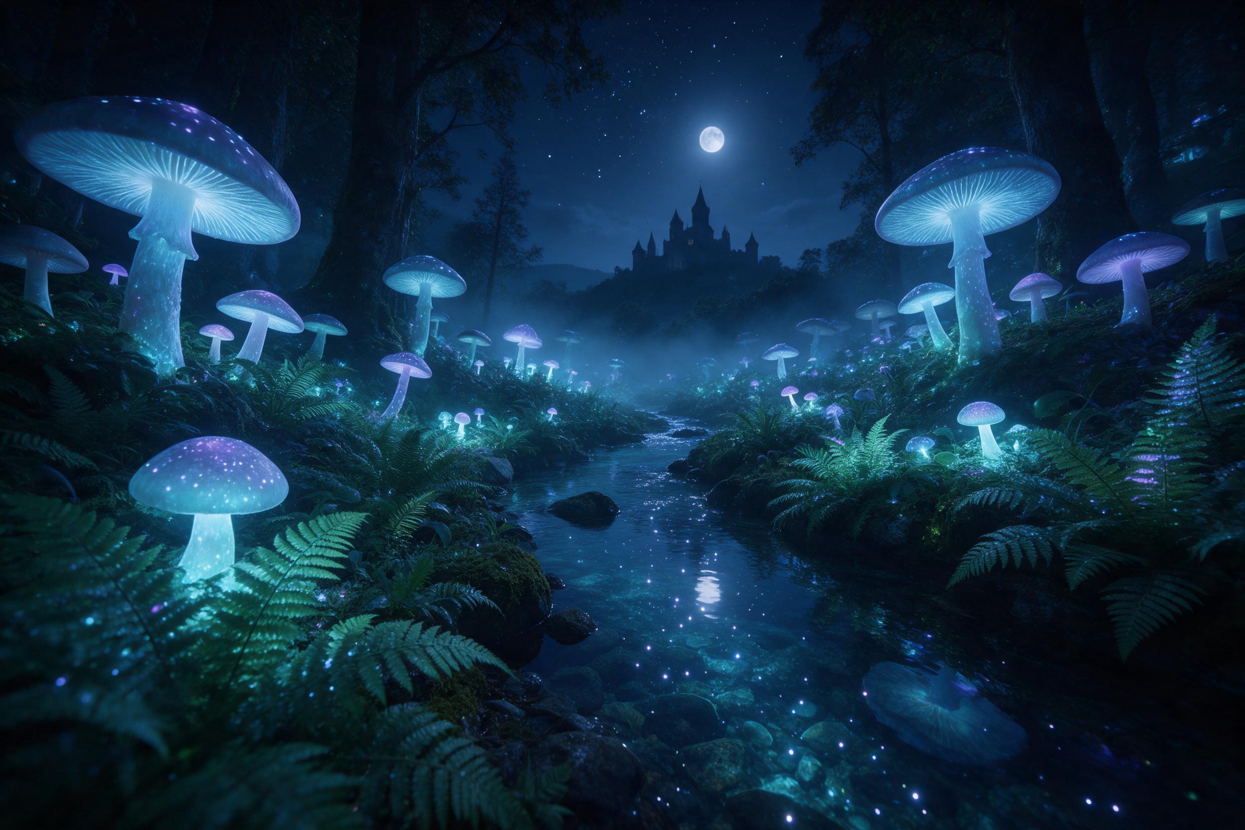 A moonlit bioluminescent forest at midnight, where giant glowing mushrooms and ferns cast soft cyan and violet light, a crystal-clear stream winding through, reflected stars on water, distant silhouette of a castle on a hill, misty air, ethereal atmosphere, wide-angle composition with depth layers, 