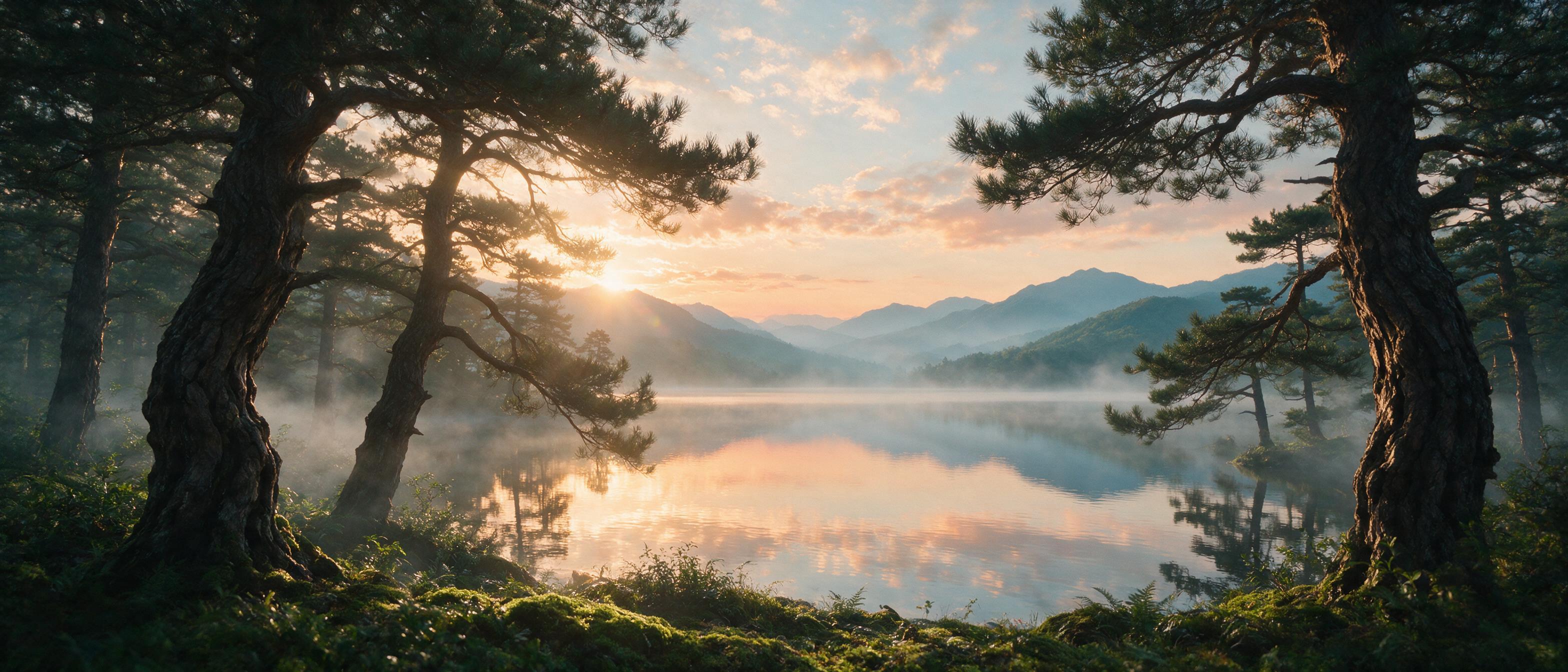 A misty dawn over a calm lake, with soft golden sunlight filtering through ancient pine trees, distant mountains layered in blue haze, water surface reflecting the sky with gentle ripples, cinematic composition, natural morning light, slight lens flare, quiet atmosphere.