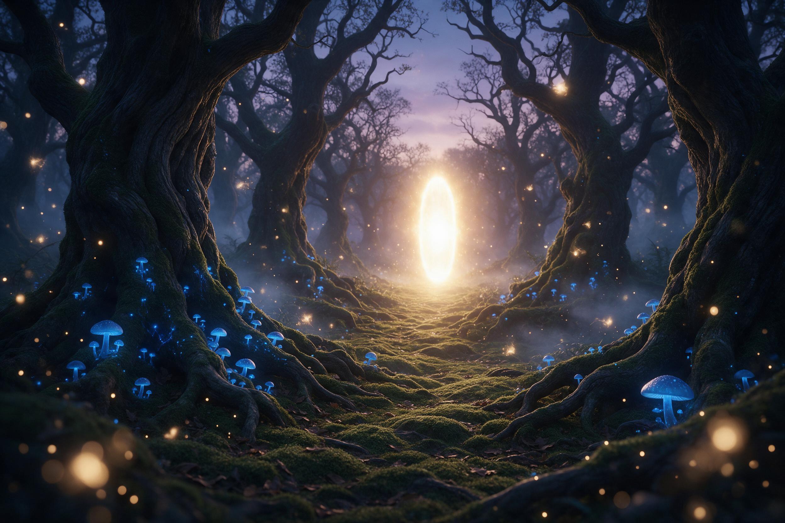 An ancient forest at twilight, massive twisted oaks with bioluminescent blue mushrooms at their roots, floating wisps of golden light, a winding path covered in moss leading to a distant glowing portal, mist curling between trees, soft backlight, dreamy atmosphere
