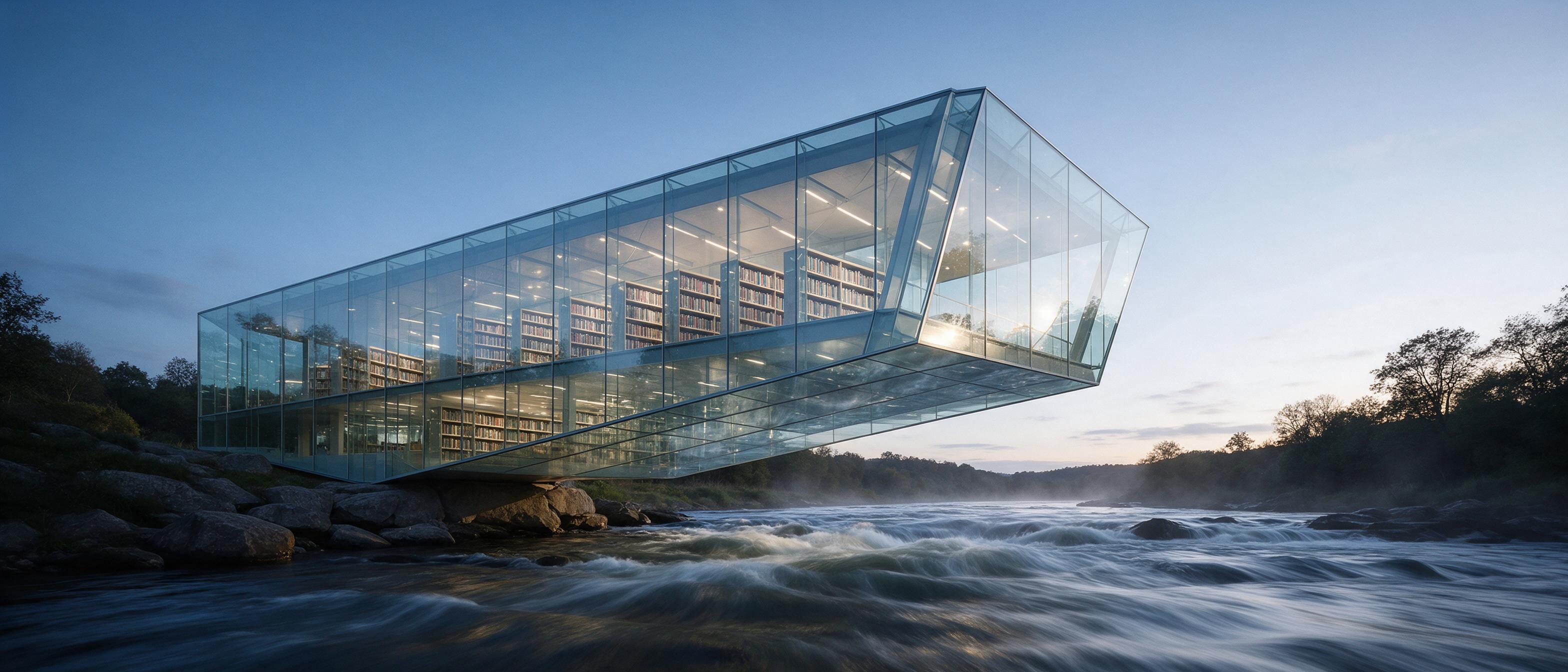A futuristic glass library cantilevered over a rushing river, evening light creating sharp reflections, long exposure blurring the water, warm interior glow against cool blue twilight, ultra-wide angle, clean minimal composition, no people, subtle mist.