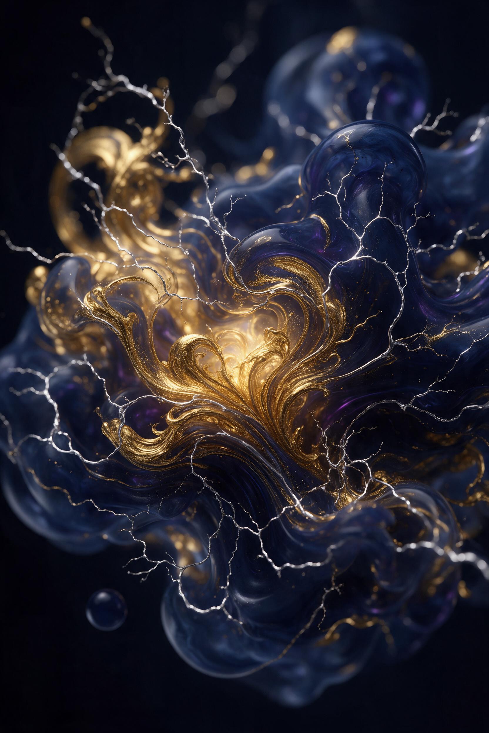 Flowing molten gold and deep indigo fluid art, swirling together in a dark void, thin silver veins running through like lightning, soft glow from within, high contrast with deep shadows, macro shot capturing intricate textures and glossy highlights, minimalist composition with sharp focus center and
