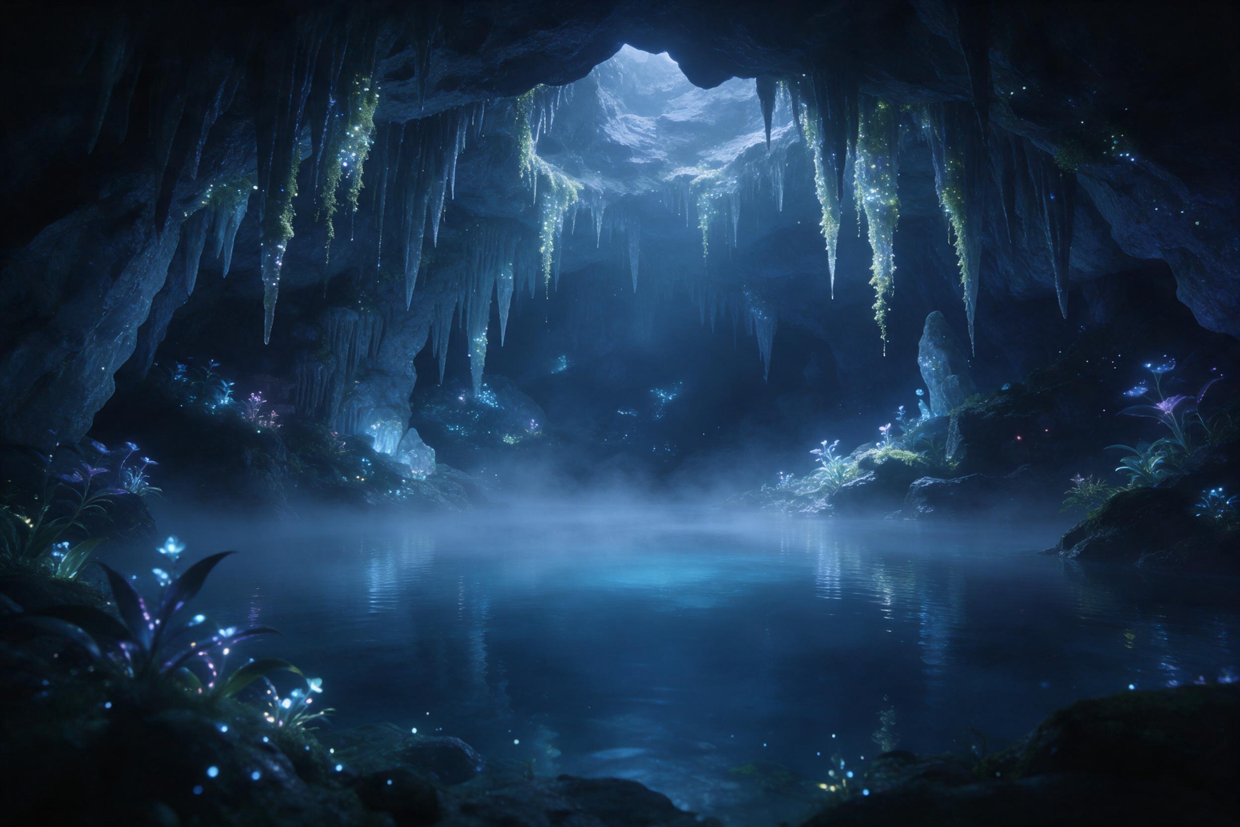 A moonlit crystal cavern with glowing bioluminescent plants, a serene underground lake reflecting soft blue light, mist curling over water, stalactites dripping with luminescent moss, ethereal atmosphere, wide-angle composition emphasizing depth and tranquility