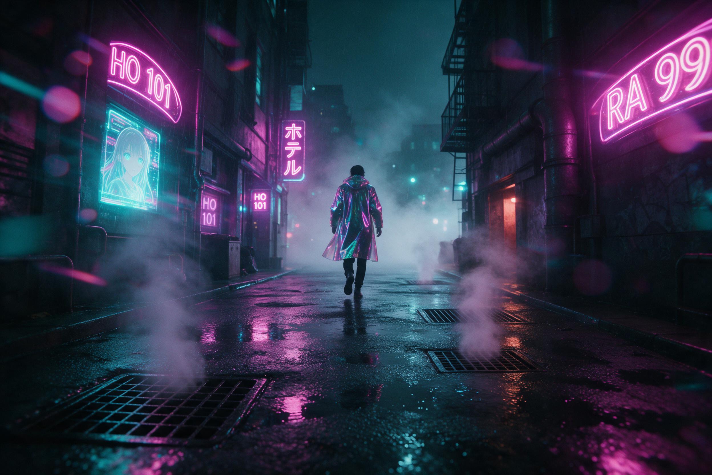 A neon-lit cyberpunk alley in rain, holographic signs flickering magenta and cyan, steam rising from grates, a lone figure in a reflective coat walking away, wet pavement mirroring neon lights, shallow depth of field, cinematic lens flare, moody atmosphere, slight motion blur on the figure