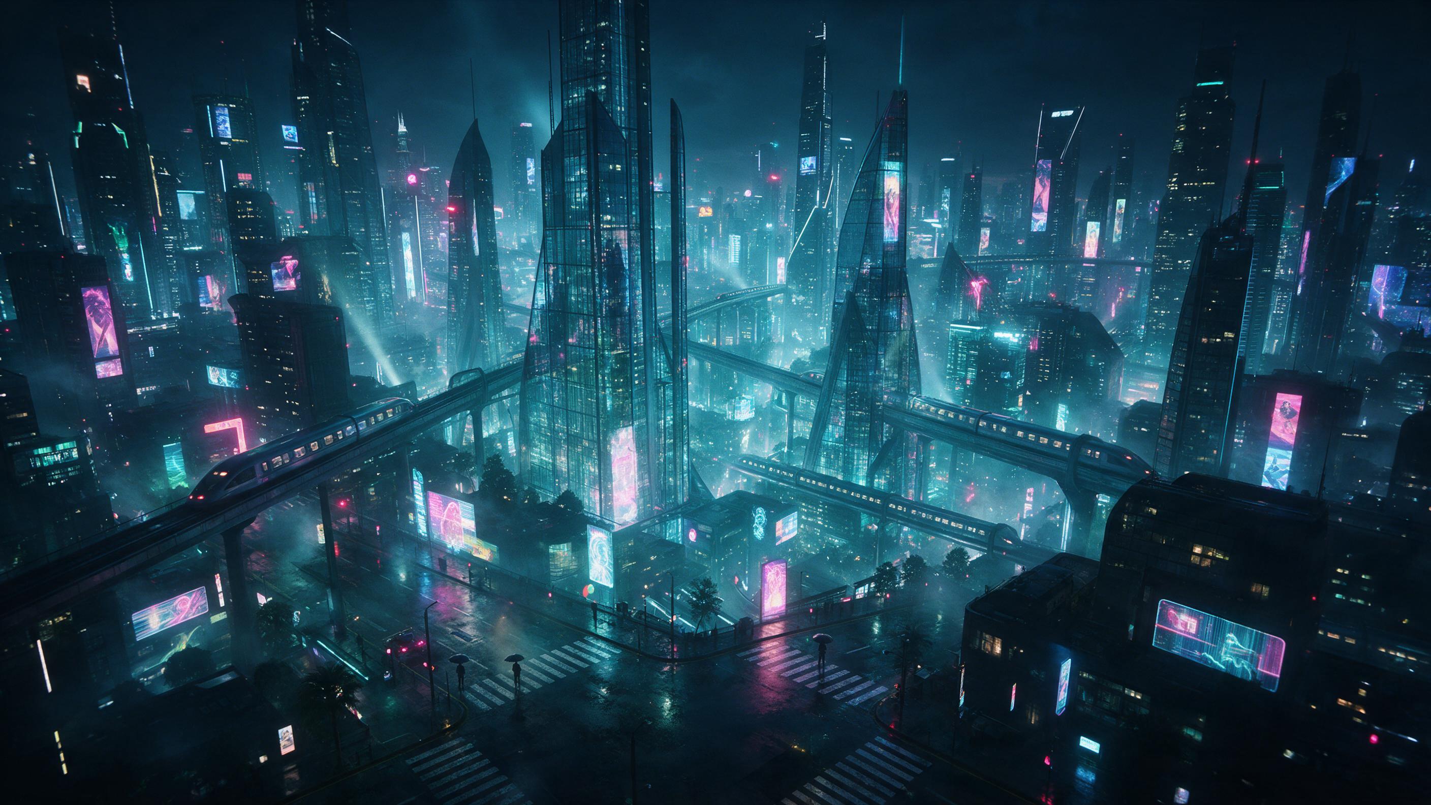 Aerial view of a neon-lit megacity at midnight, rain-slicked streets reflecting holographic ads, sleek maglev trains weaving between towering glass spires, cyan and magenta glow cutting through mist, a few lone figures with umbrellas on crosswalks, cinematic depth of field, moody atmosphere, slight 