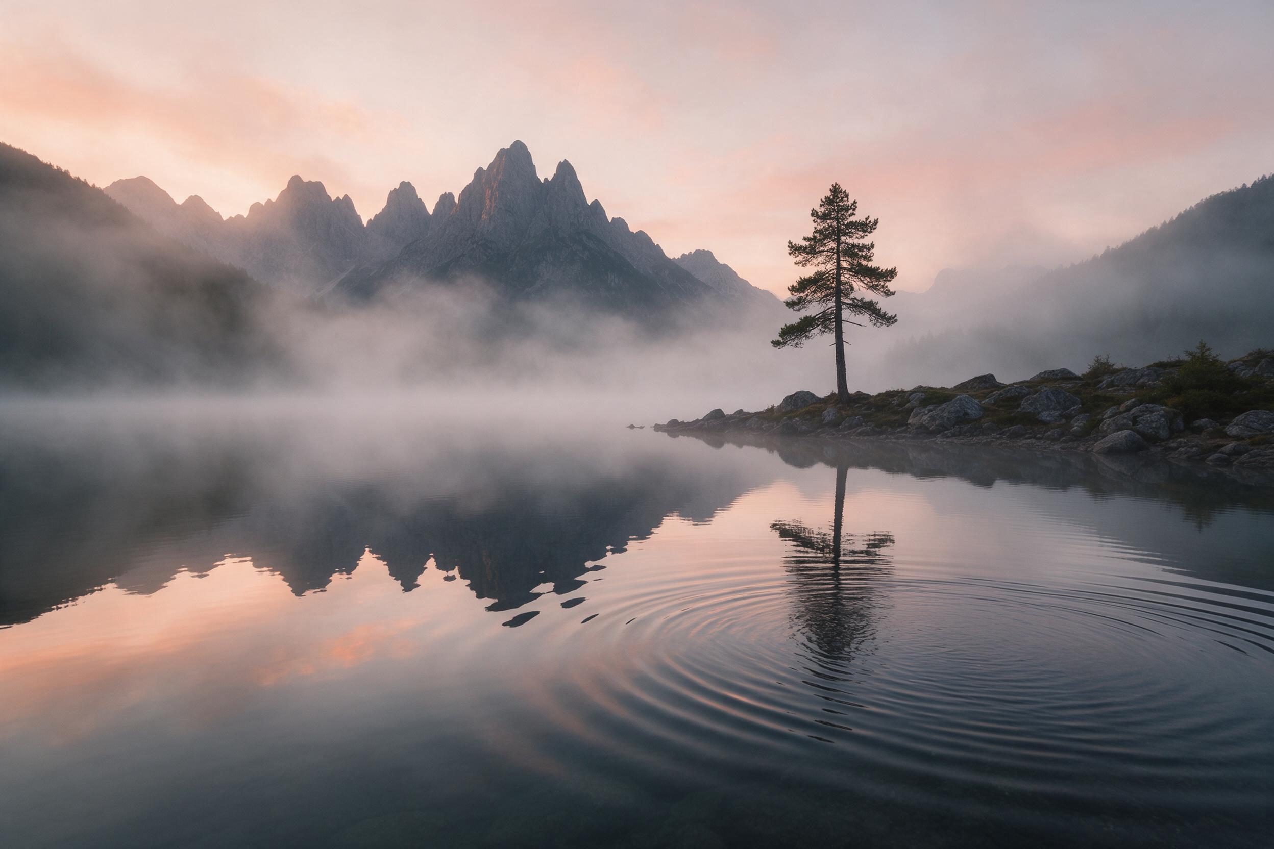 A misty mountain lake at dawn, still water reflecting jagged peaks and a soft pink-orange sky, a lone pine tree on the rocky shore, gentle ripples, ethereal fog, natural light, calm atmosphere, serene composition