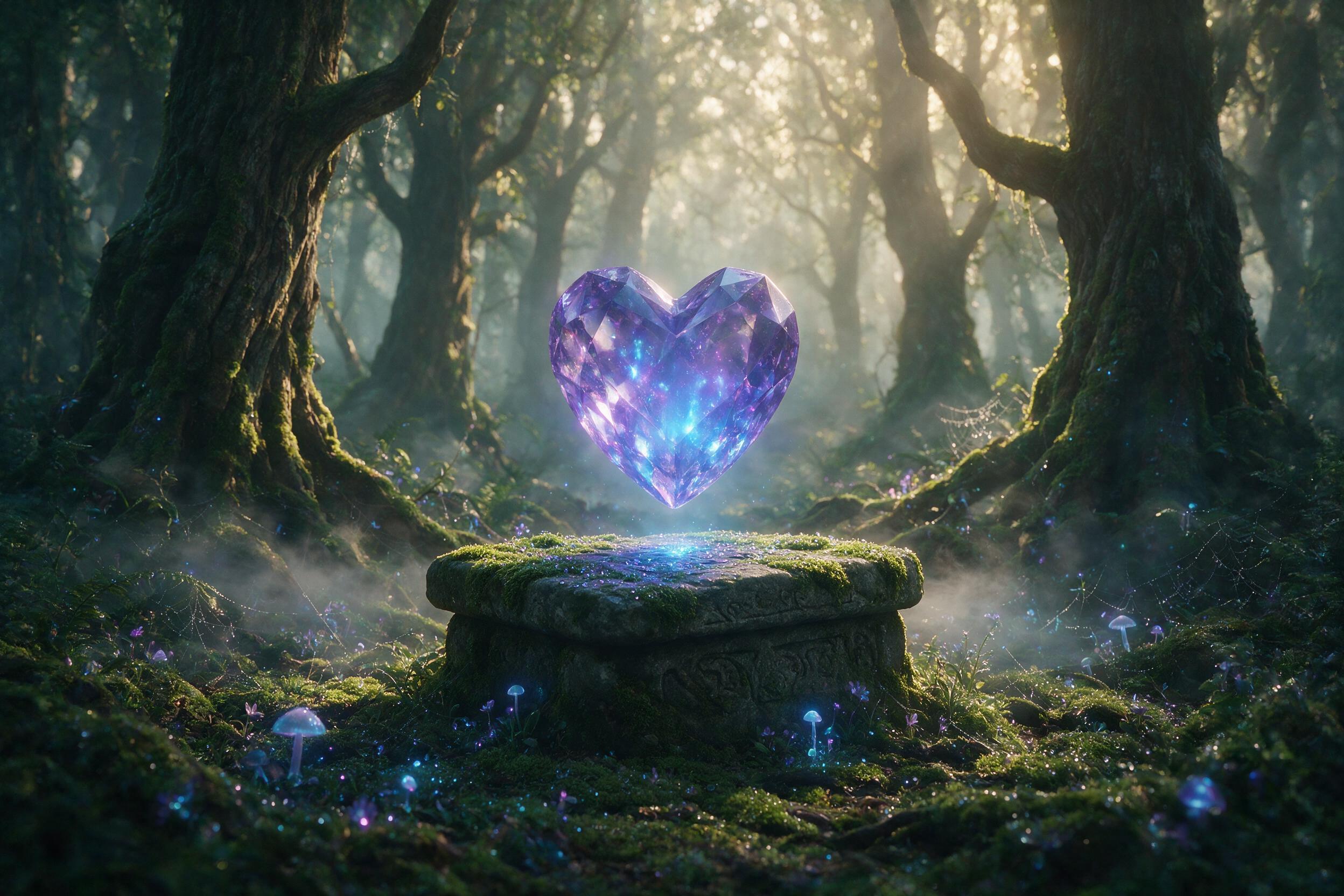 A glowing crystal heart floating above a moss-covered stone altar in a misty forest, soft bioluminescent light casting blue and purple hues on droplets, shallow depth of field, mist swirling around roots, early morning golden hour light, ethereal atmosphere