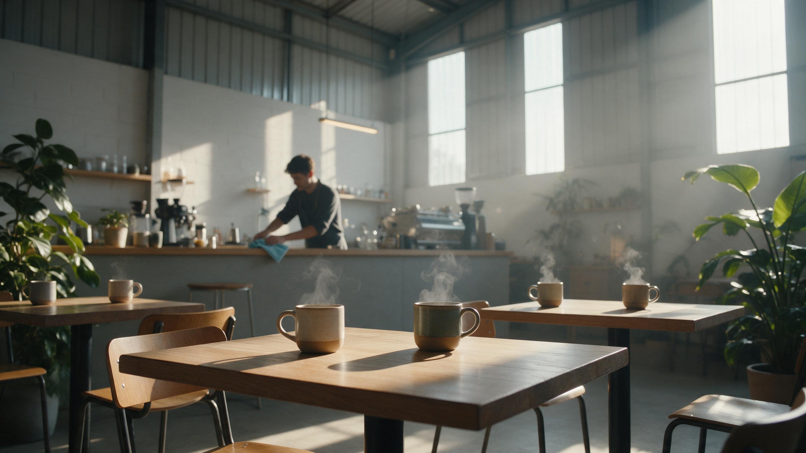 Morning sunlight spills through a tall warehouse window onto a cozy minimalist cafe interior, wooden tables, steaming ceramic mugs, leafy plants in corners, a barista wiping the counter, soft shadows, gentle haze, low-angle composition, natural color palette.