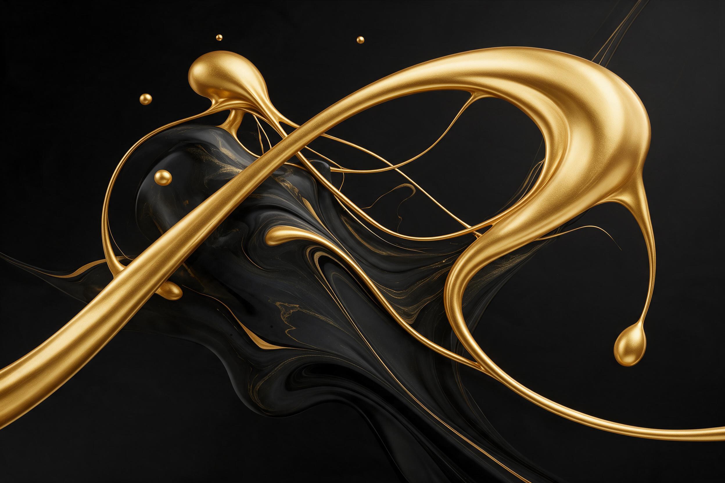 A minimalist composition of flowing liquid gold and deep charcoal black, swirling in elegant arcs across a matte black background. Soft studio lighting creates gentle highlights on the metallic surfaces, with subtle reflections and a smooth gradient. The fluid forms suggest motion frozen in time, wi