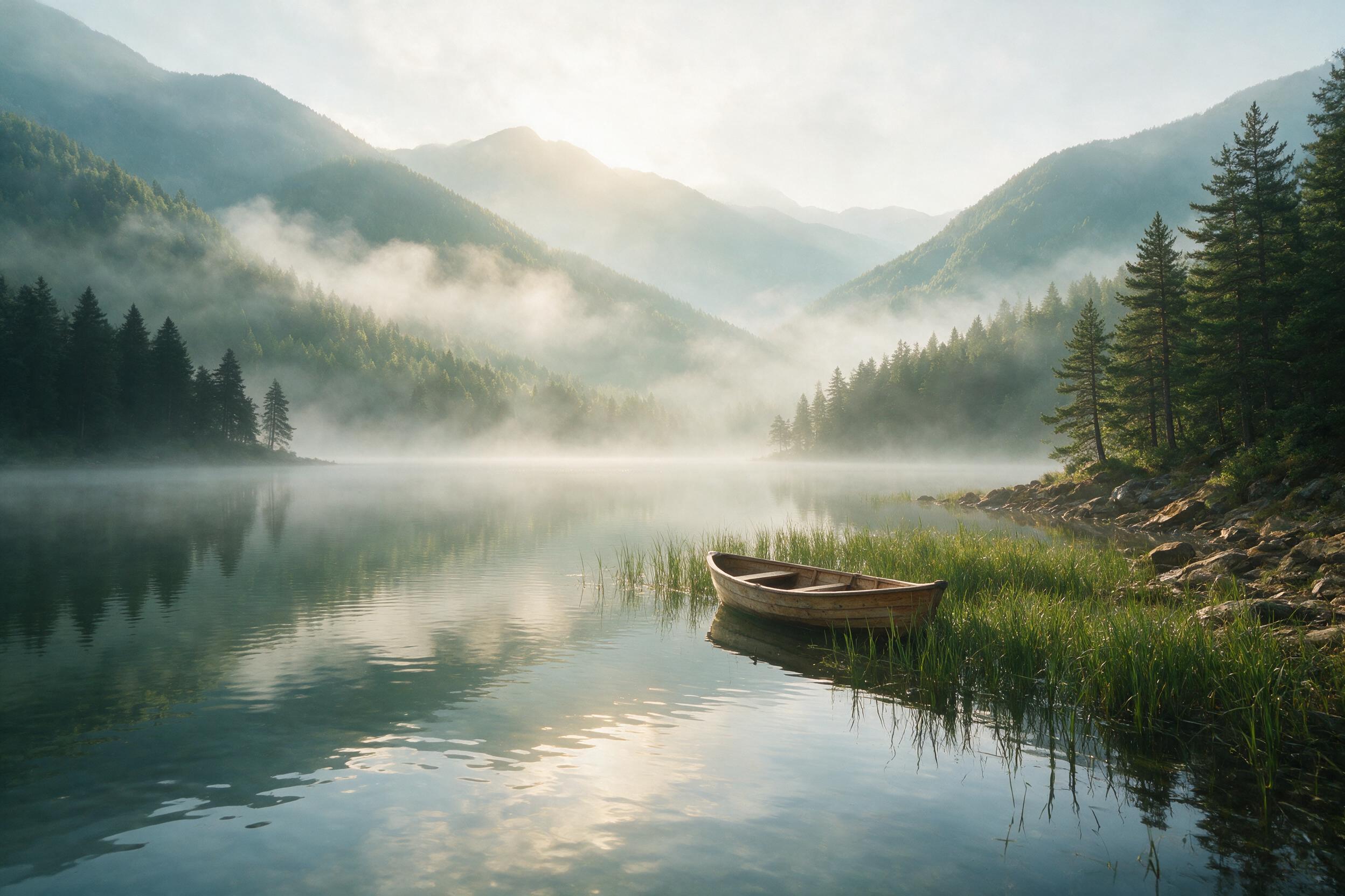Misty morning over a calm lake, surrounding mountains reflected in the water, soft golden sunlight filtering through fog, a single wooden boat drifting near the shore, tall pine trees silhouetted in the distance, gentle ripples across the lake surface, natural diffused lighting, muted green and blue