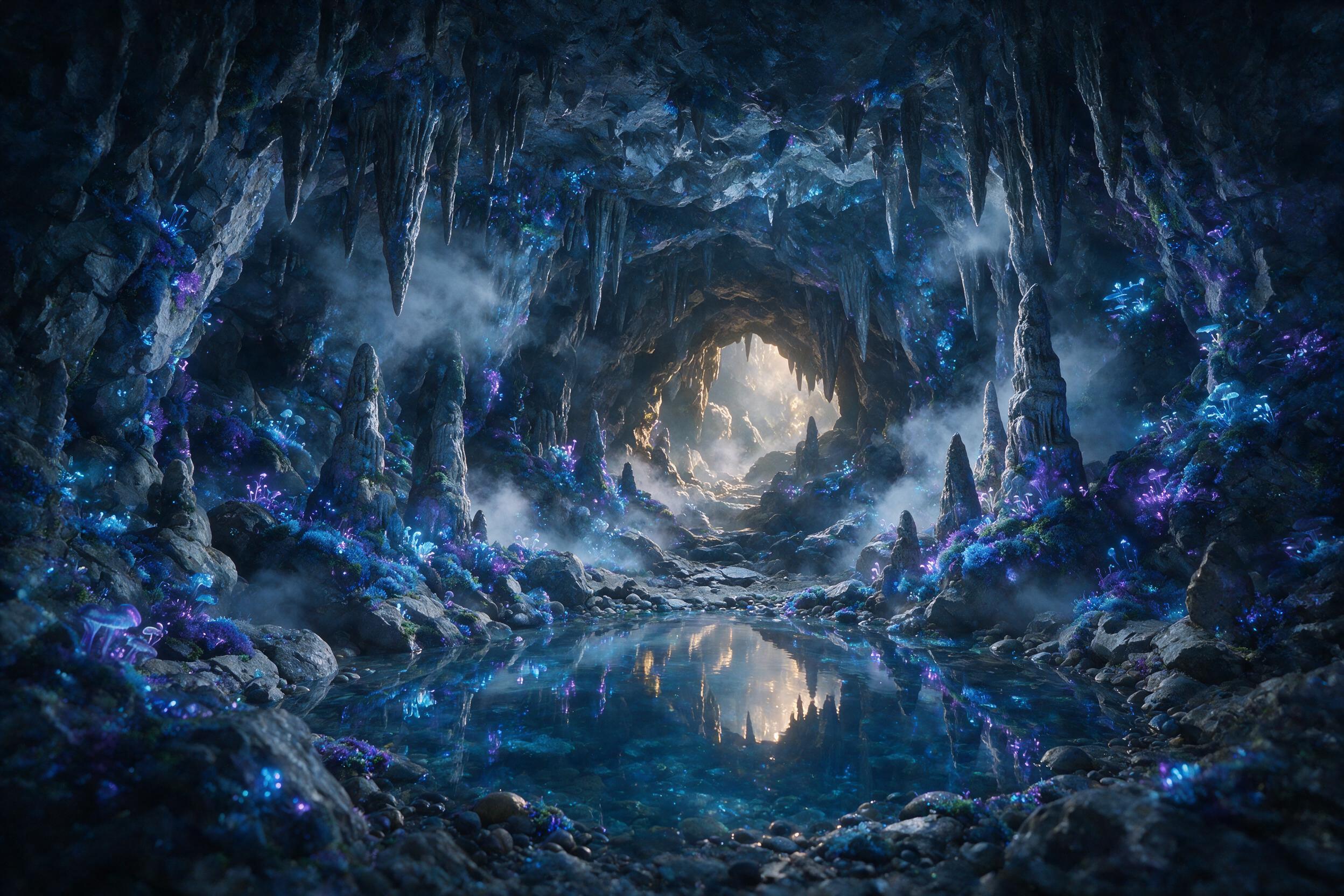 A glowing crystal cavern deep underground, bioluminescent moss and fungi casting soft blue and purple light on jagged rock formations, a small pool of shimmering water reflects the cavern ceiling, mist swirls around stalactites, warm golden light from a distant opening, ethereal and serene atmospher