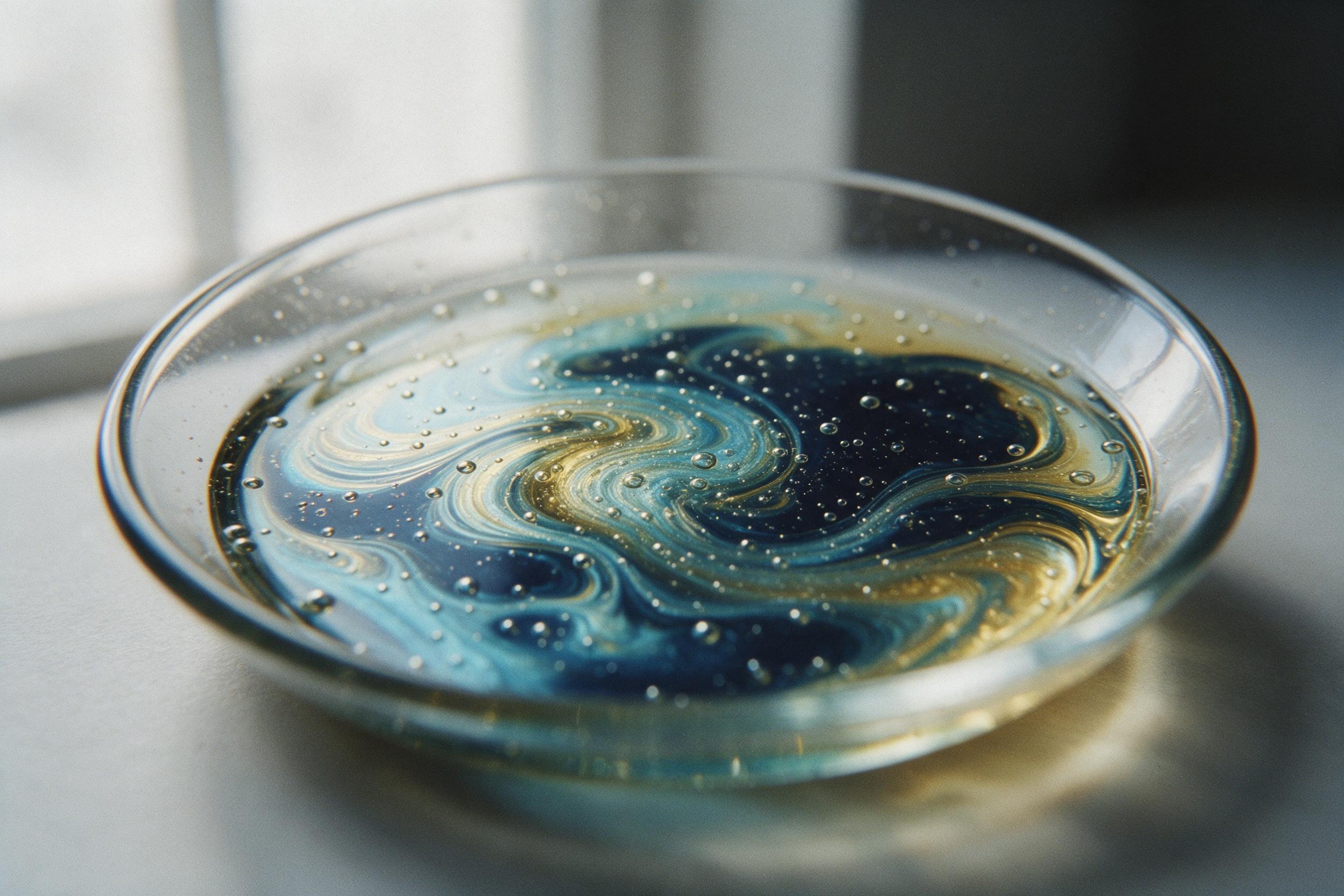 A close-up macro shot of oil and water swirling in a shallow glass dish, capturing iridescent cyan and gold swirls, fine air bubbles suspended in the fluid, soft diffused window light from the left creating gentle highlights, deep navy shadows, slight lens distortion at the edges, film grain adding 