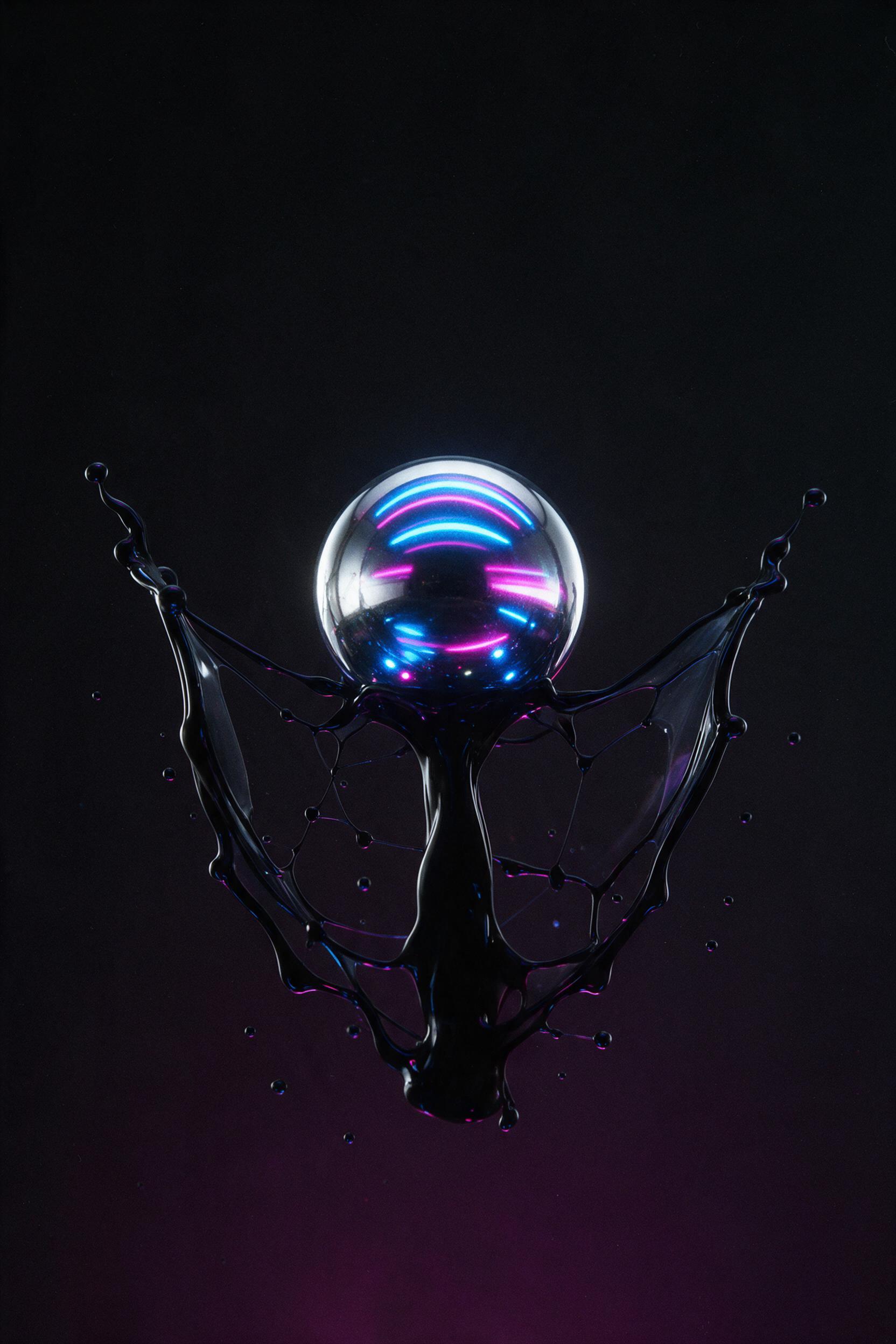 A single silver sphere hovers in a dark void, its surface reflecting distorted neon blue and magenta stripes from unseen sources below. Slow-motion splash of black ink wraps around the sphere, creating a frozen liquid crown. Moody, high-contrast, sharp focus, subtle film grain.