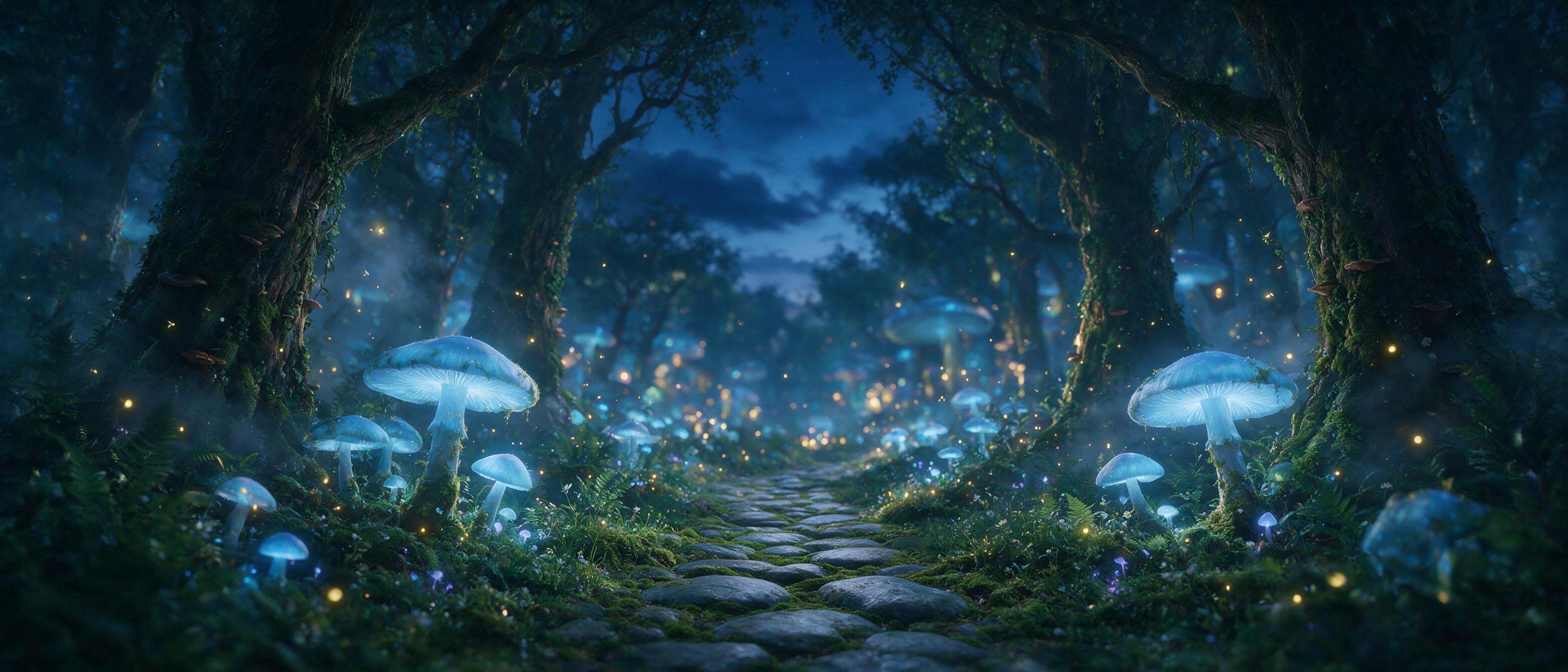A bioluminescent forest at twilight, giant glowing mushrooms casting soft blue light, a winding path of mossy stones, fireflies floating in the air, mist between ancient trees, soft bokeh in the background, cinematic composition