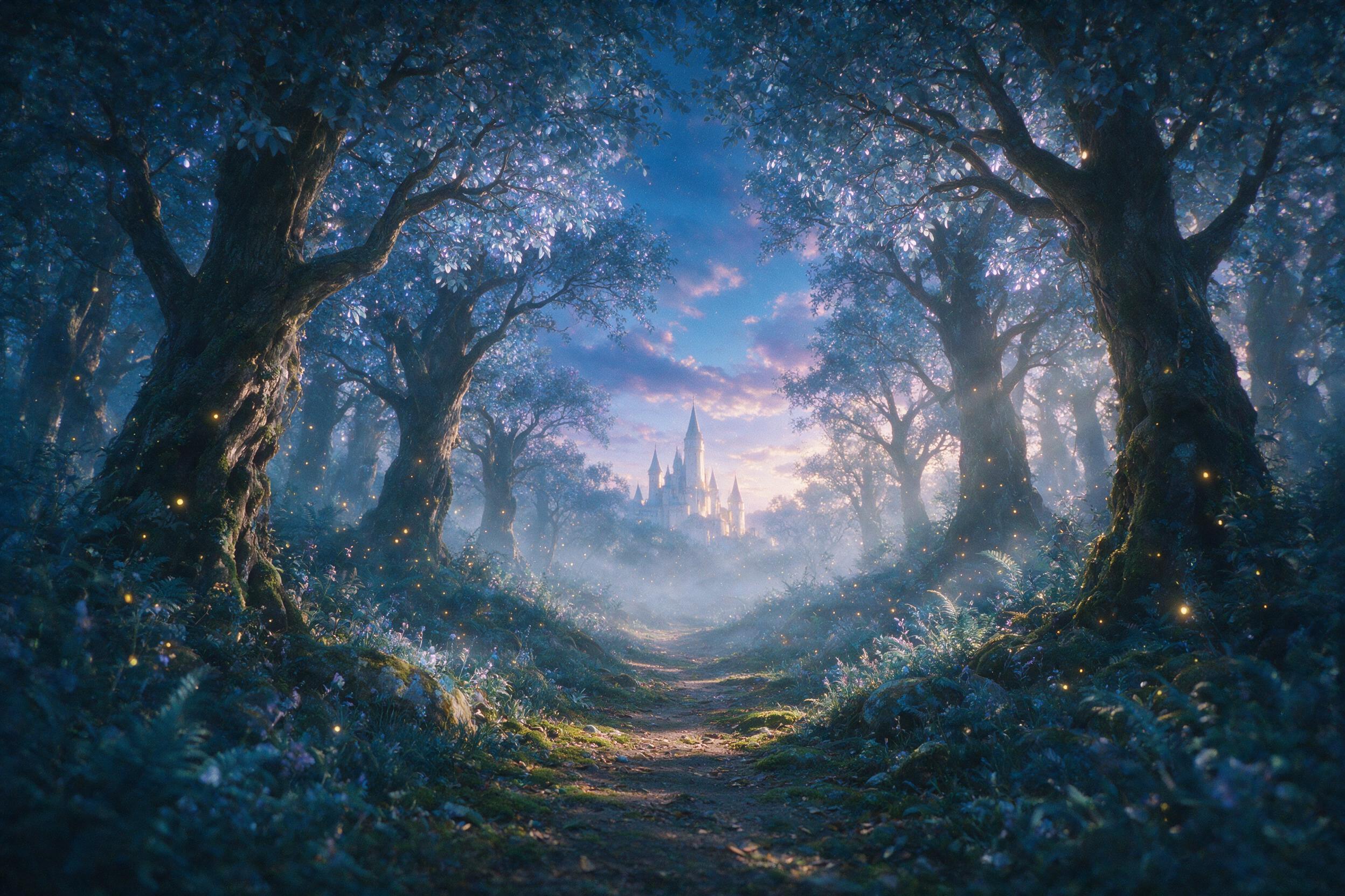 A glowing ethereal forest at twilight, ancient trees with luminous blue leaves, floating fireflies, a misty path leading to a distant castle, soft volumetric light, shallow depth of field, muted teal and gold palette, subtle film grain