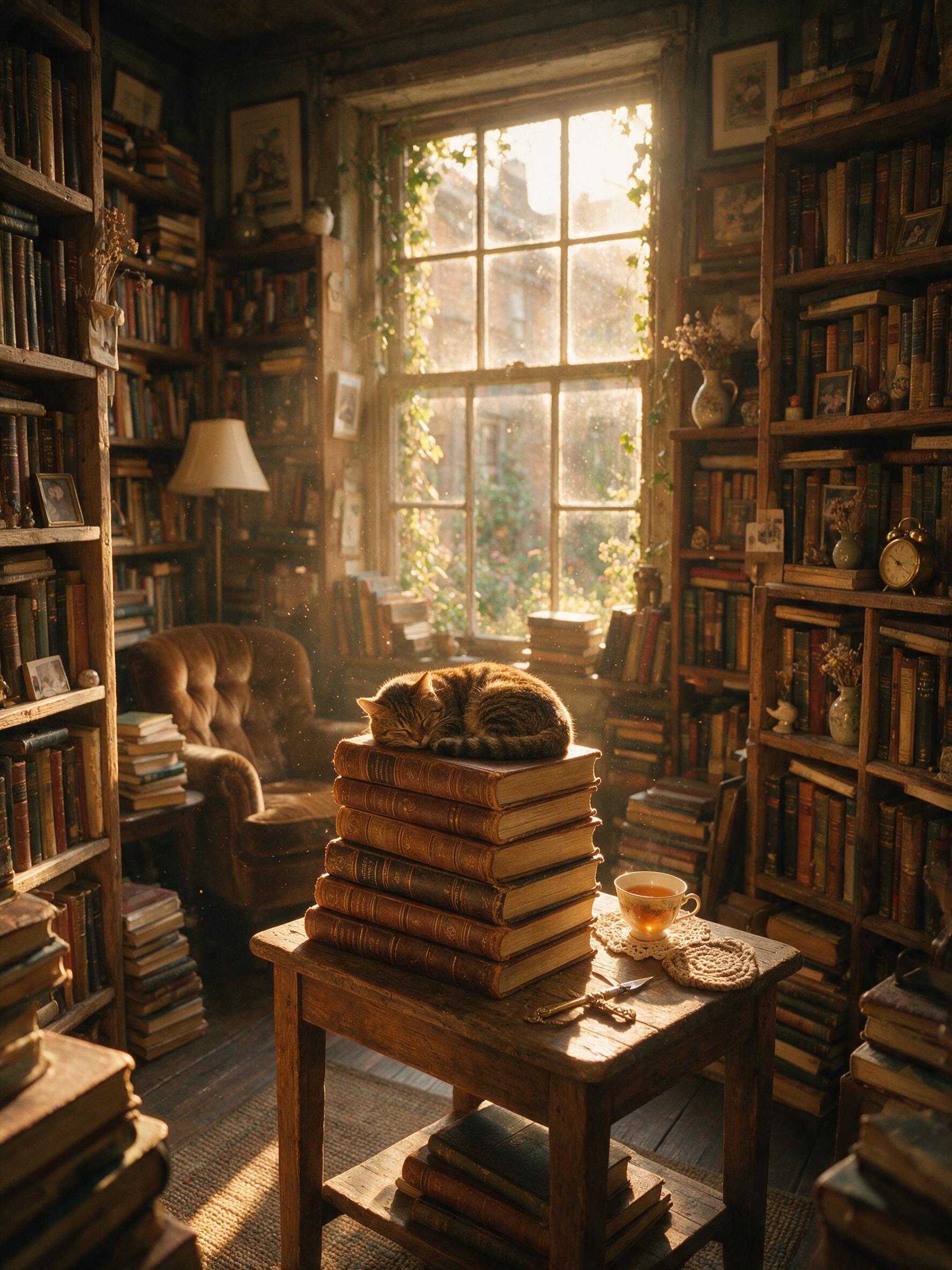 A cozy vintage bookstore interior during golden hour, warm sunlight streaming through a dusty window, illuminating floating dust motes, a cat sleeping on a stack of old leather-bound books, wooden shelves filled with books, soft bokeh background, slight film grain, natural warm lighting