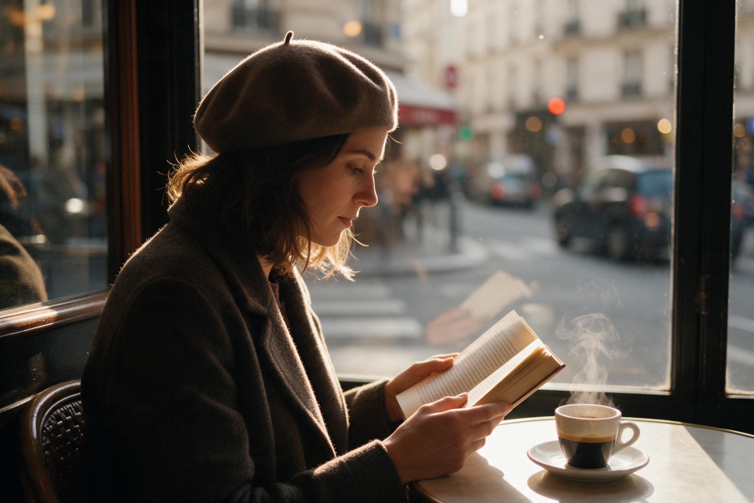 A sunlit corner café in Paris, a woman in a beret reading beside a window with steam rising from an espresso cup, warm golden hour light, slight grain, blurred street outside, shallow depth of field