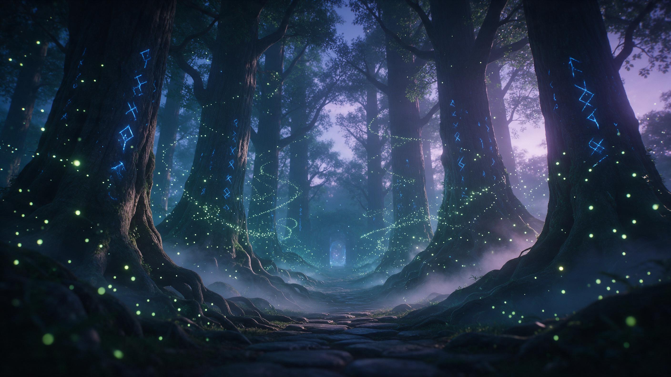 A mystical forest at twilight, towering ancient trees with glowing blue runes carved into bark, fireflies forming swirling patterns, soft mist between roots, a stone path leading to a faintly luminous portal, cool teal and violet palette, ethereal backlighting, shallow depth of field, slight camera 