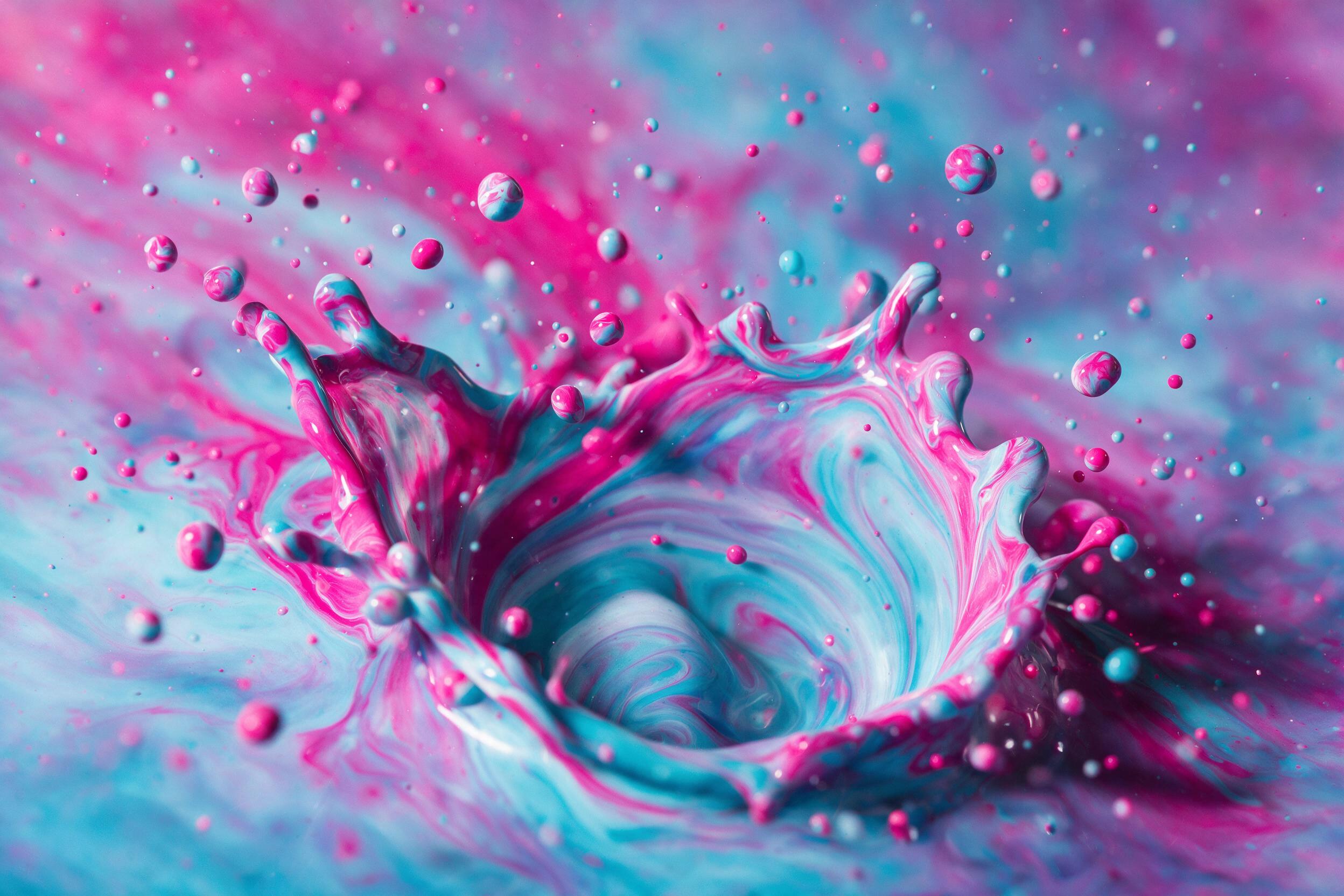 Vibrant fluid art of swirling magenta and cyan colors, dynamic splashes and droplets frozen mid-air, smooth marble-like textures, soft diffused lighting from above, shallow depth of field with blurred background, minimalist composition, no text or letters