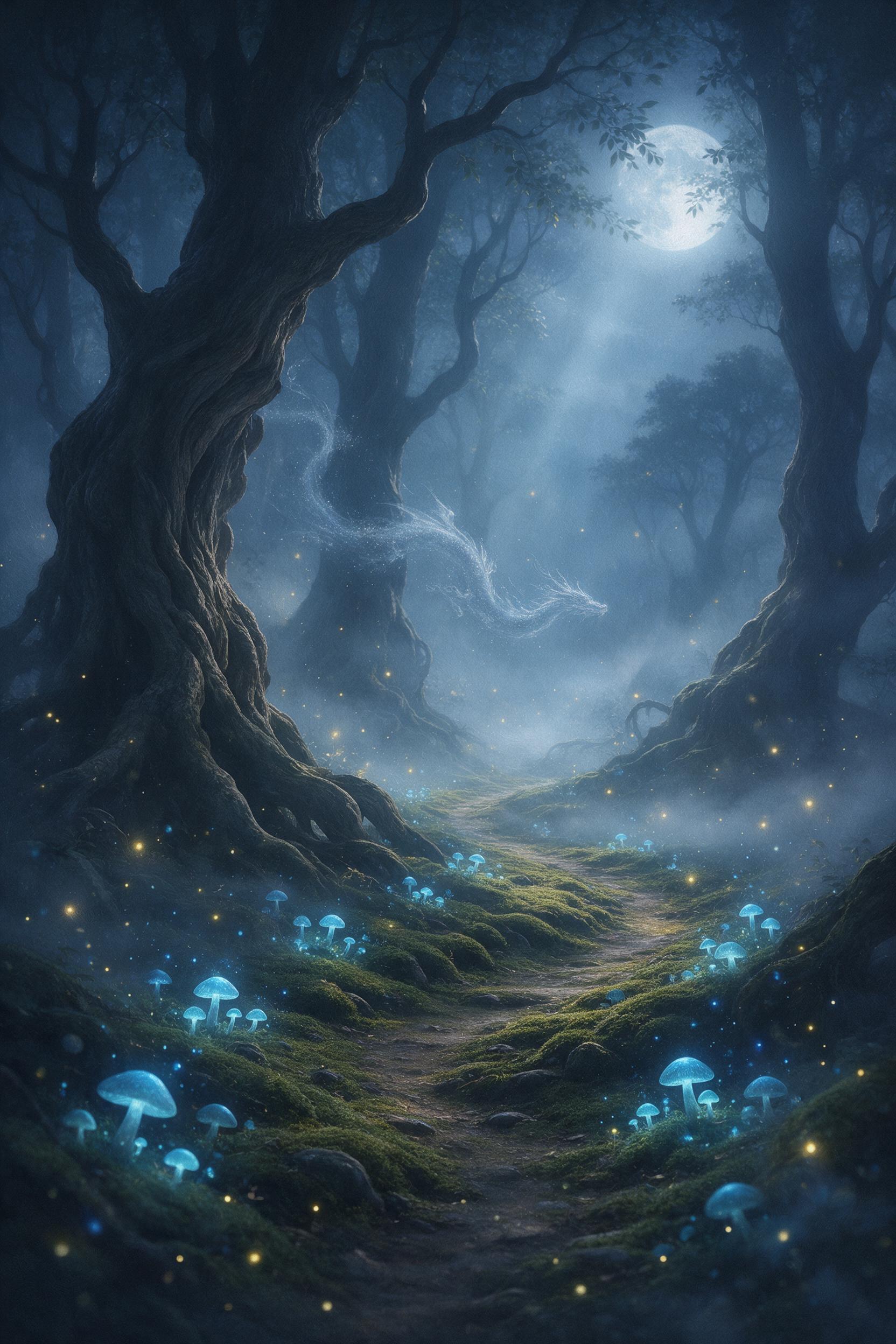 A misty moonlit forest with ancient twisted trees, glowing blue mushrooms along a moss-covered path, a faint ethereal dragon silhouette weaving between trunks, soft volumetric light filtering through fog, shallow depth of field, cool color palette with warm firefly accents, painterly texture