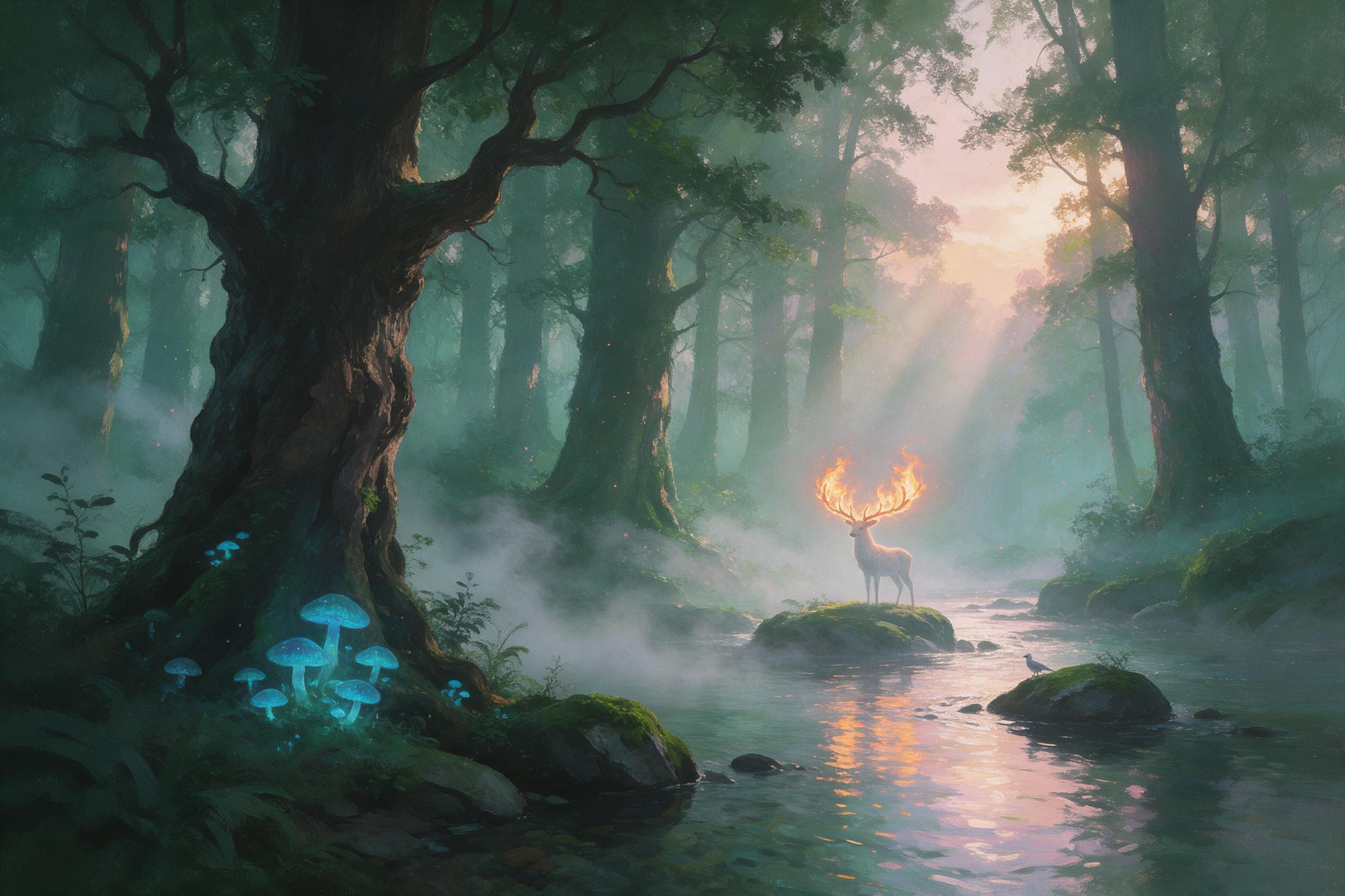 Misty emerald forest at dawn, towering ancient trees with glowing blue mushrooms at their roots, a gentle stream reflecting pink and gold light beams, distant silhouette of a white stag with antlers aflame, soft fog swirling, ethereal magical atmosphere, painterly style, warm and cool color contrast