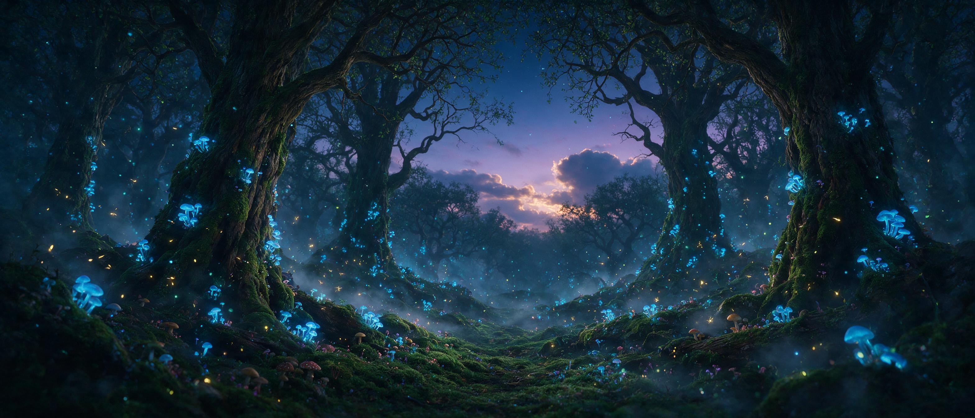 A glowing bioluminescent forest at twilight, ancient gnarled trees with luminous blue fungi and floating spores, a winding path of soft moss, mist weaving through trunks, fireflies in golden streaks, ethereal calm, cinematic wide shot, gentle fog, natural color palette with deep teals and ambers