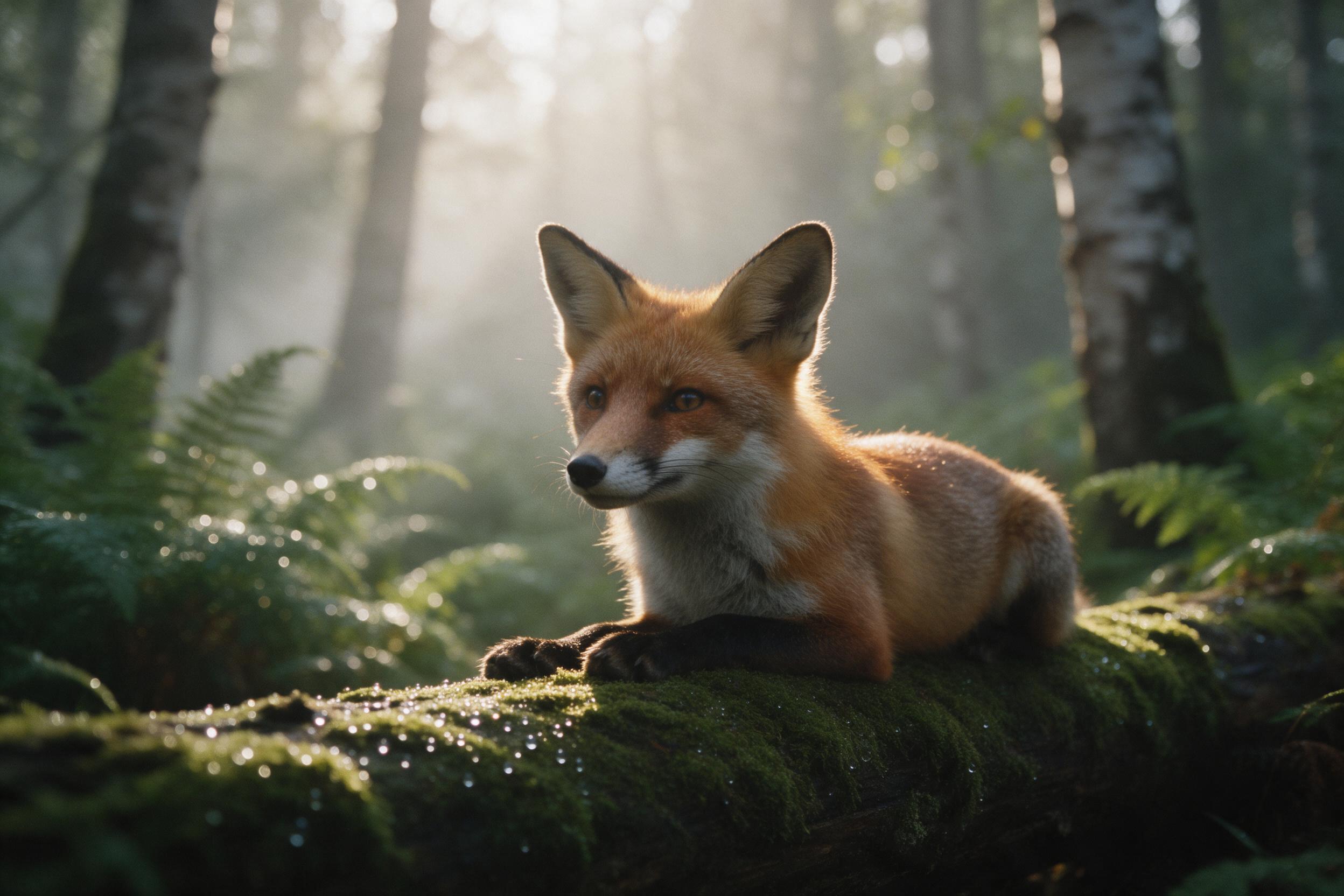 A red fox on a mossy log in a misty forest, its fur catching the golden morning light filtering through the canopy. Soft backlight, shallow depth of field, dew droplets on the log, blurred background of ferns and birch trunks. Natural grain, gentle contrast, serene mood.