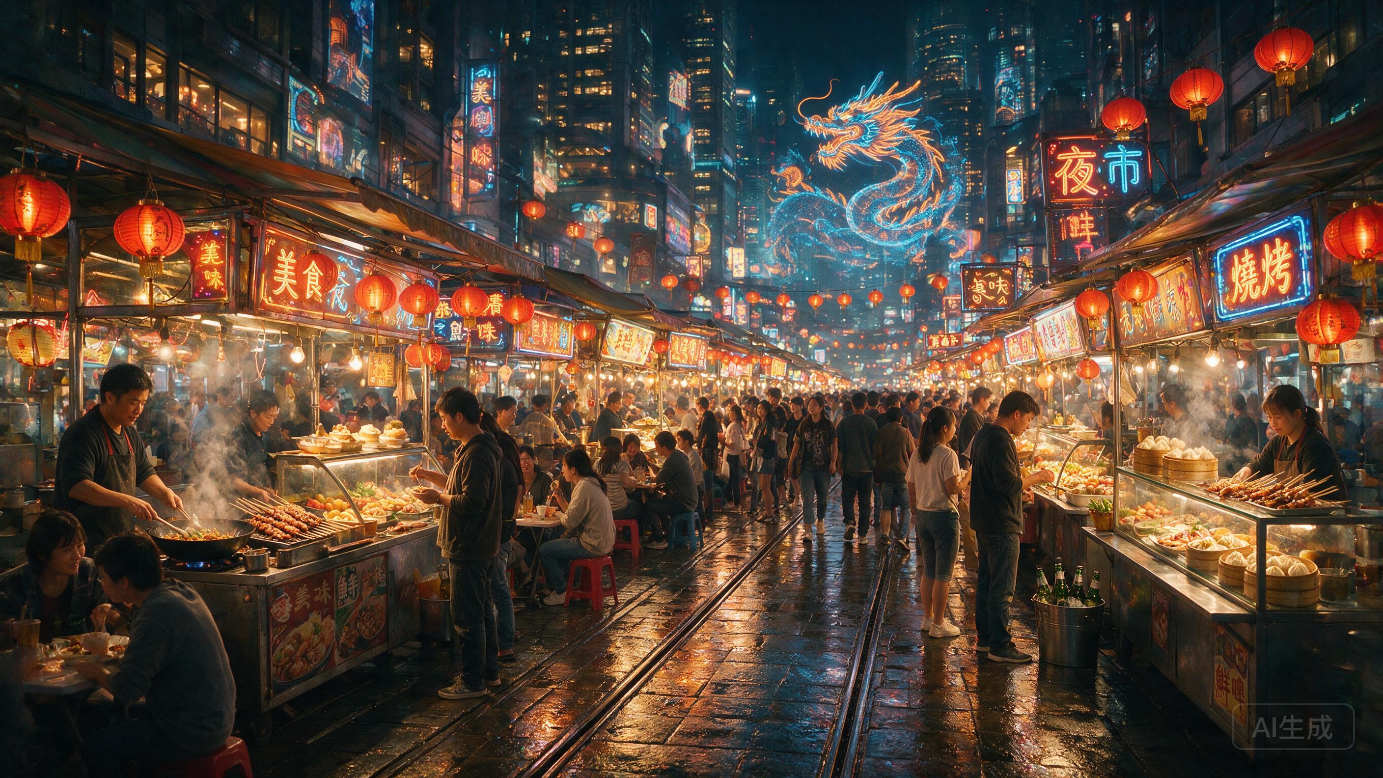 A bustling night market in a futuristic Asian city, glowing food stalls, crowds of people, street food, warm colorful lights