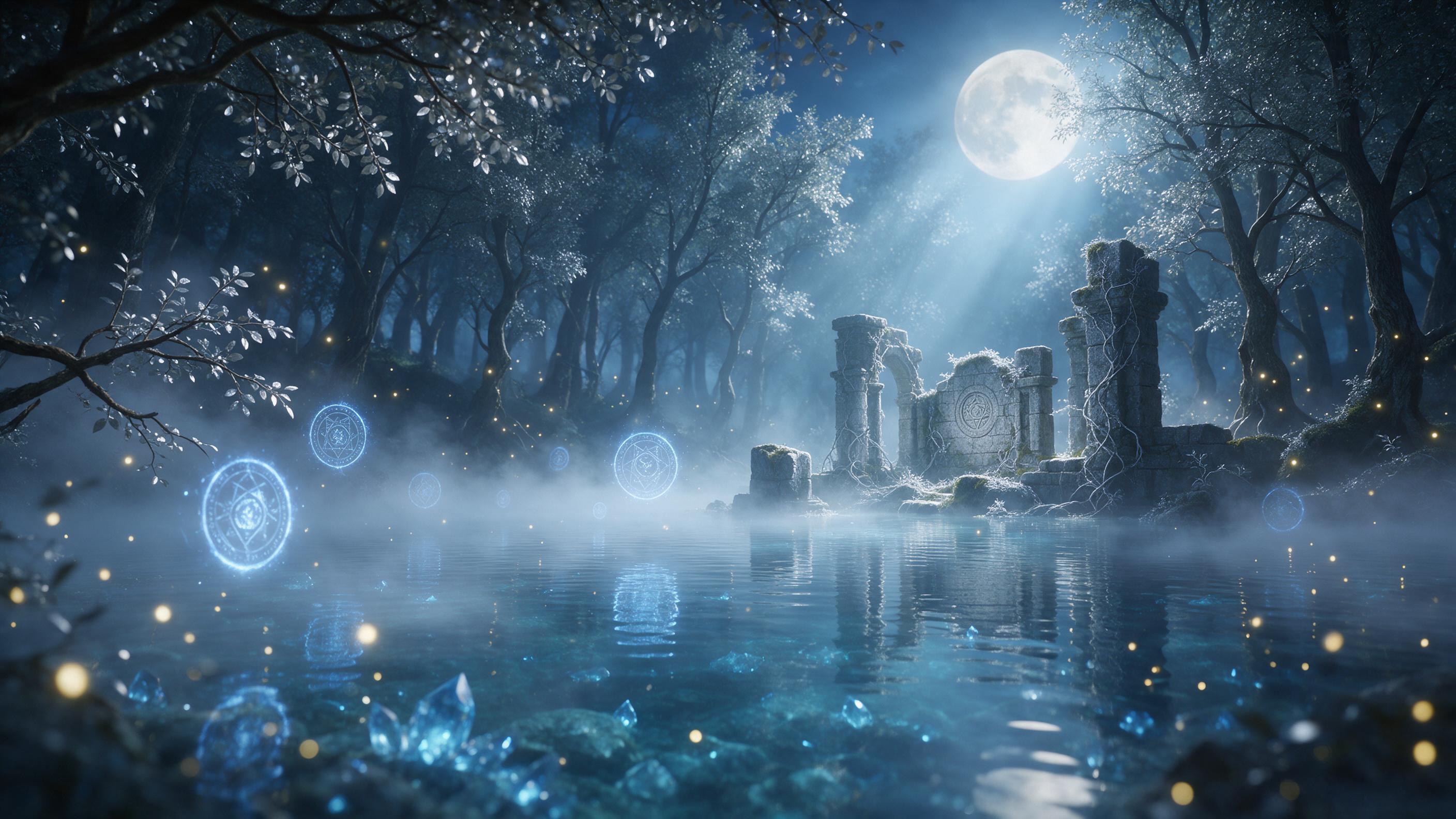 A moonlit crystal lake in an enchanted forest, glowing blue runes float above the water, ancient stone ruins with moss and silver vines, fireflies drifting through mist, ethereal light rays, cinematic composition, soft depth of field