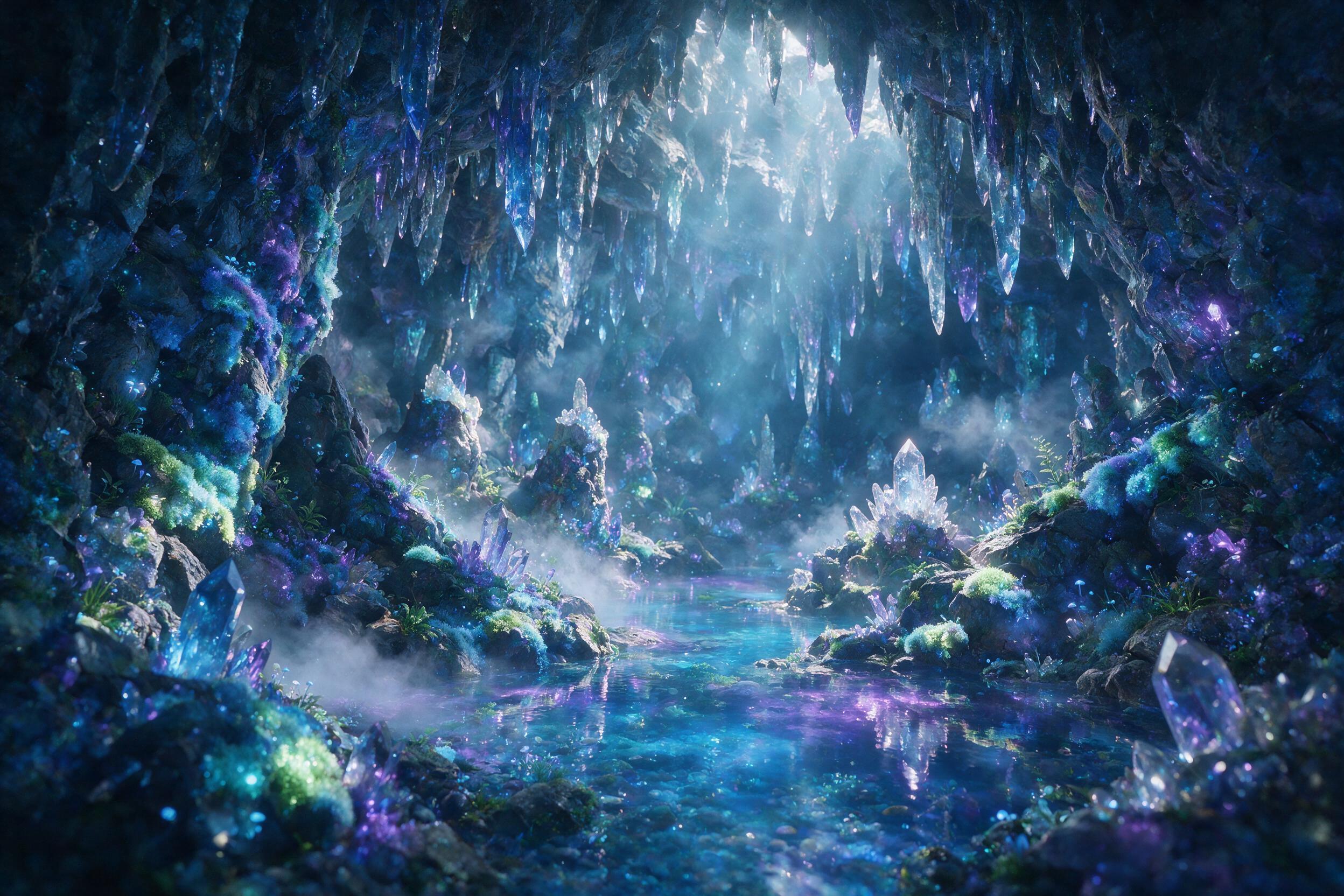 A luminous crystal cave deep underground, bioluminescent moss clinging to jagged walls, glowing blue and purple pools reflecting on stalactites, soft mist swirling, ethereal light rays piercing through cracks, dreamy atmosphere, slight soft focus.
