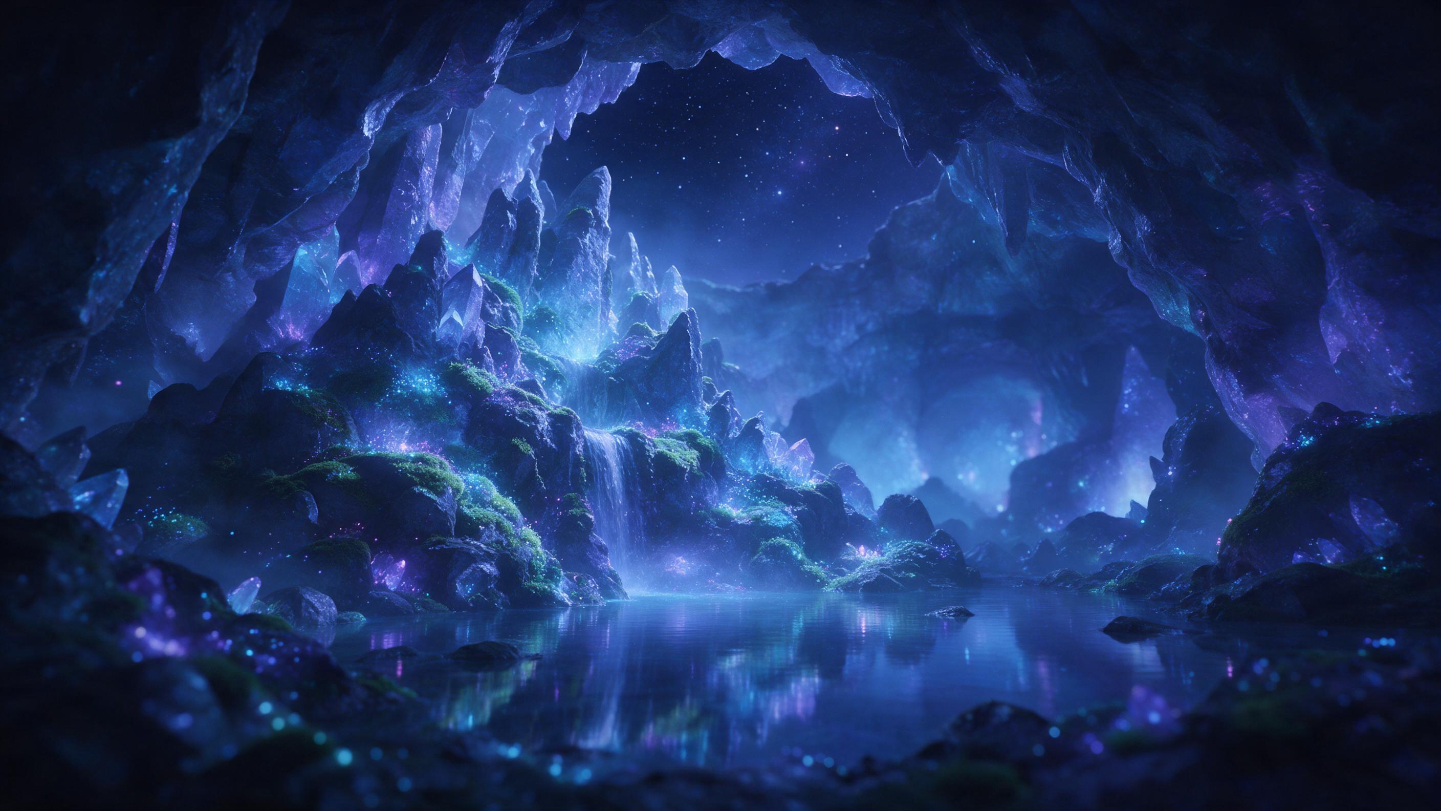 A glowing crystal cave beneath a starry night sky, bioluminescent moss on jagged rocks, a small waterfall cascading into a mirror-like pool, ethereal blue and violet light, subtle mist, wide-angle composition, dreamlike atmosphere, soft focus on distant cavern walls.