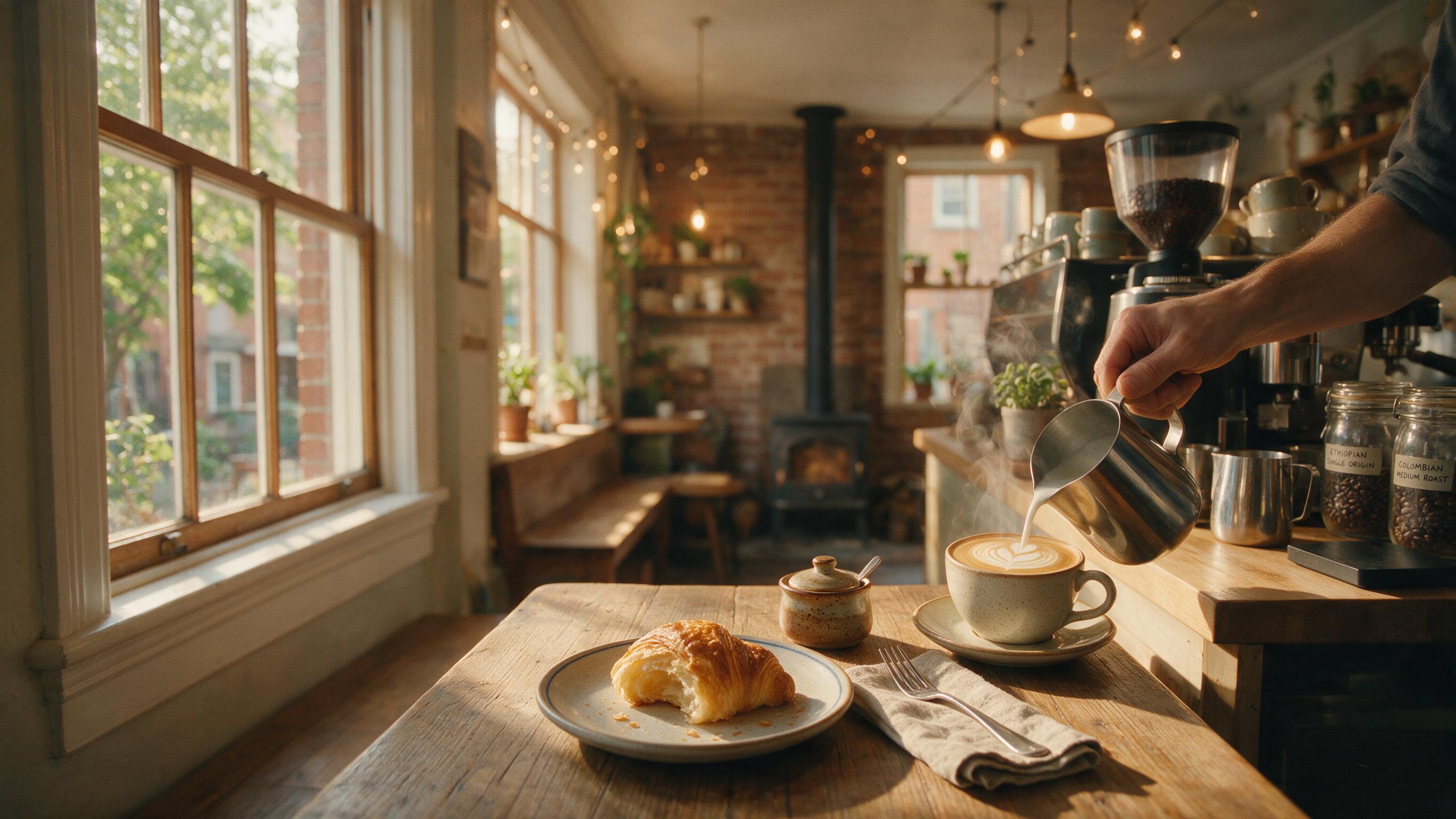 A cozy, warm-lit coffee shop interior with a barista pouring latte art, steam rising, natural light streaming through a large window onto a wooden table with a half-eaten croissant, slight grain, shallow depth of field, no people in background