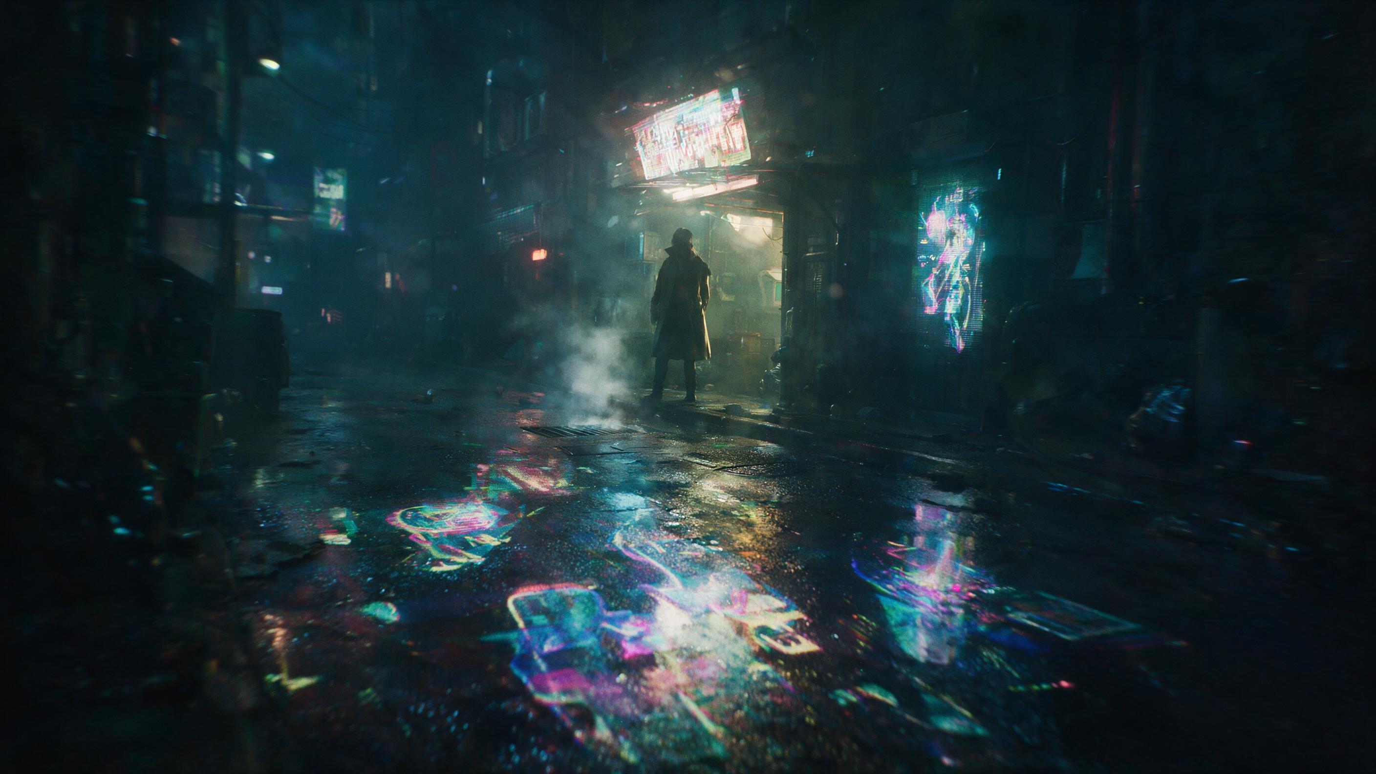 A neon-lit cyberpunk alley at midnight, rain-slicked asphalt reflecting holographic advertisements, a lone figure in a trench coat stands under a flickering sign, steam rising from a grate, soft halation from wet surfaces, slight camera motion blur, moody volumetric fog.