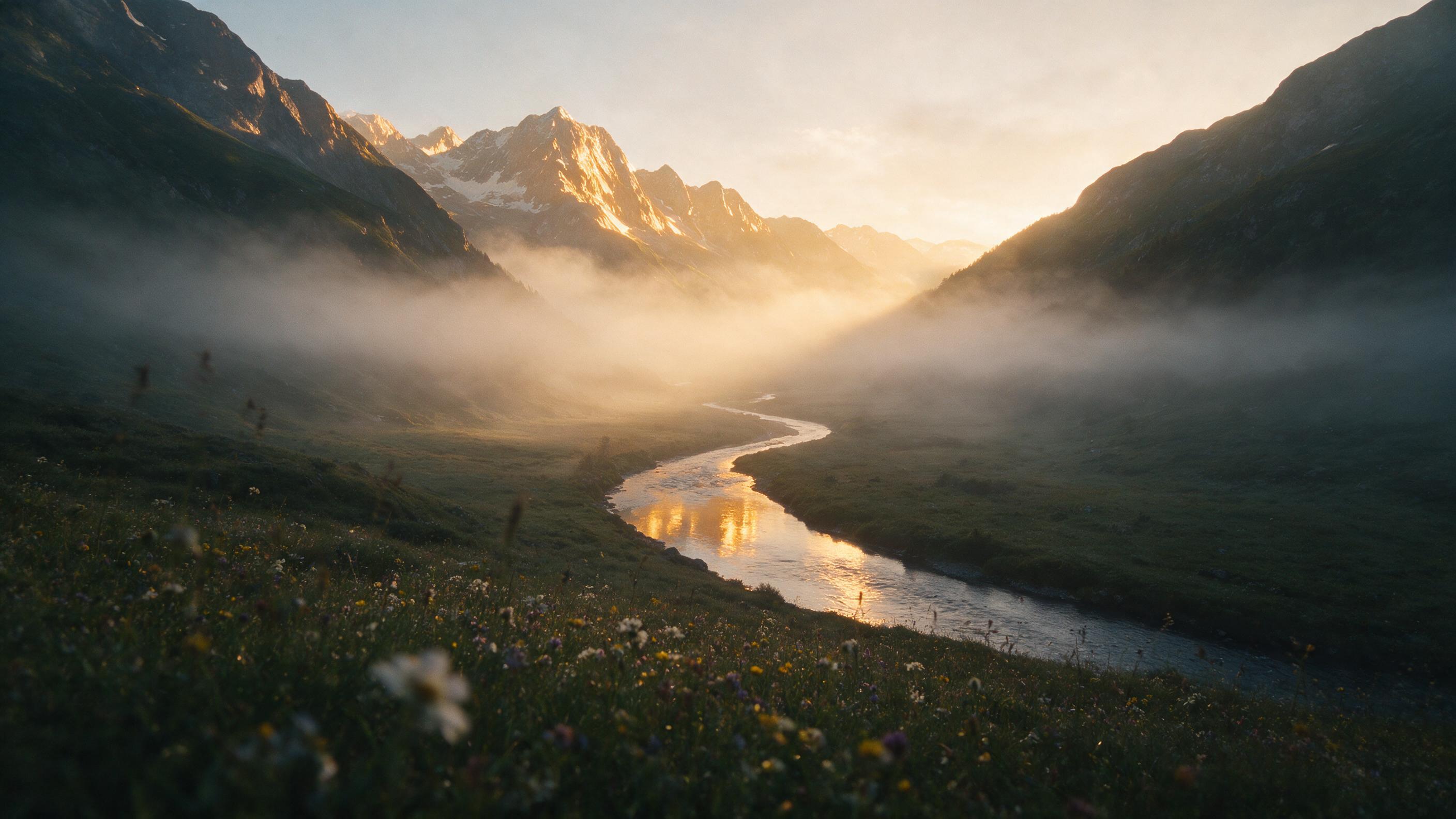 Sunlight pierces a misty alpine valley at dawn, a winding river reflecting golden peaks, wildflowers dotting the meadow in soft focus, warm glow with cool shadows, wide-angle composition, natural grain