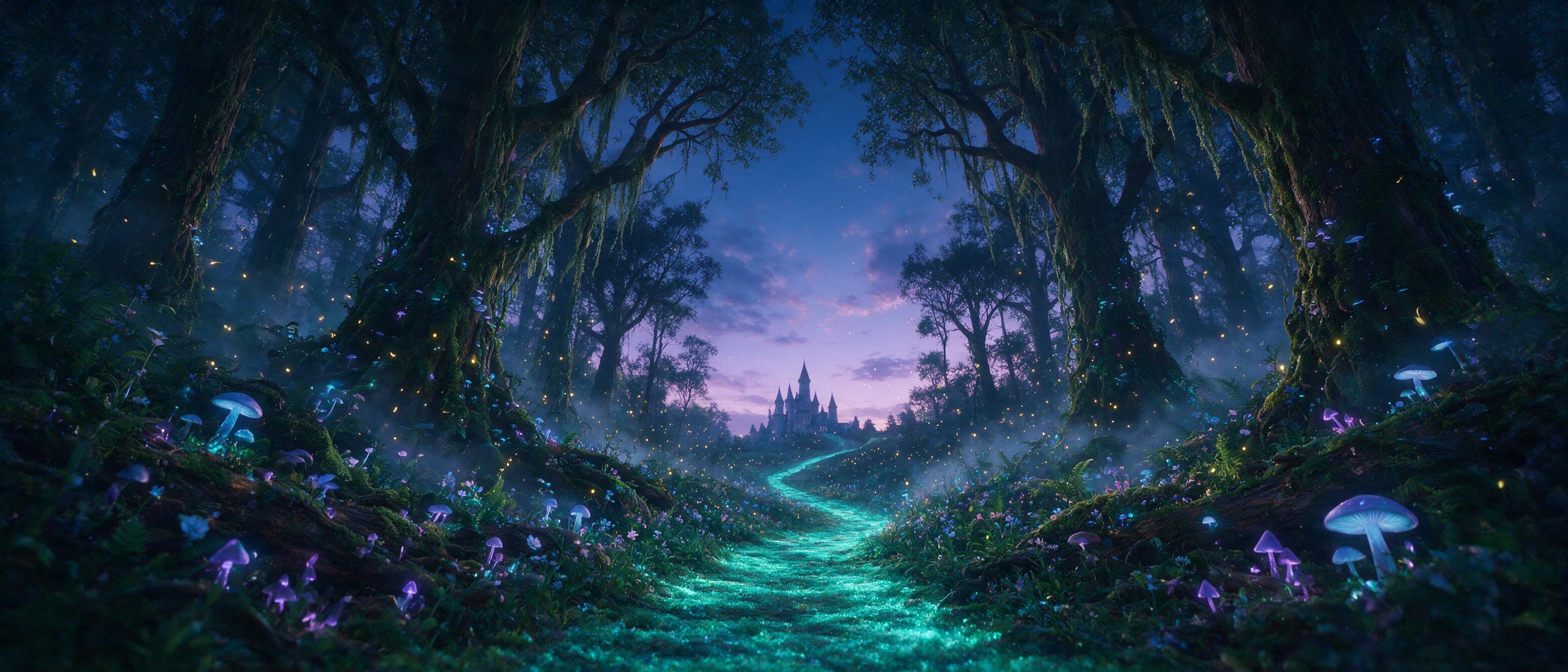 A bioluminescent forest at twilight, towering ancient trees with glowing blue and purple fungi, a winding path of luminous moss leading to a distant castle silhouette, fireflies drifting in the air, soft mist, cinematic composition with a low-angle view, ethereal atmosphere, subtle purple and teal c