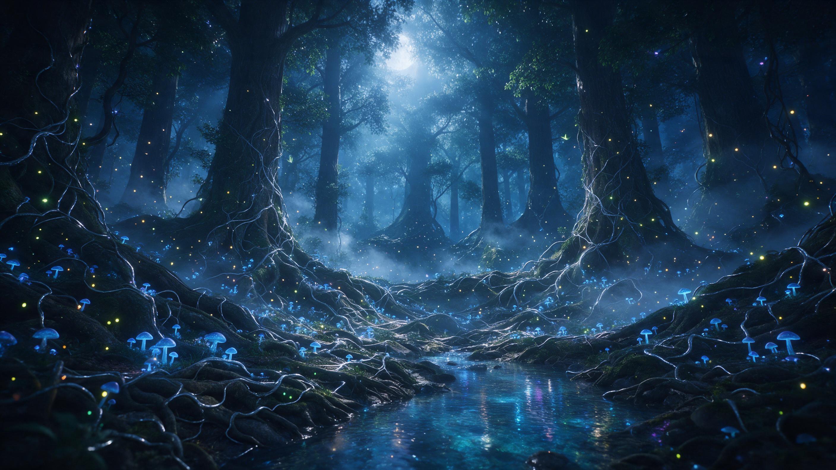 A moonlit magical forest, ancient towering trees with glowing blue mushrooms and shimmering fireflies, a crystal-clear stream reflecting bioluminescent colors, ethereal fog drifting between trunks, massive roots interwoven with silver vines, whimsical atmosphere, soft diffused moonlight piercing can
