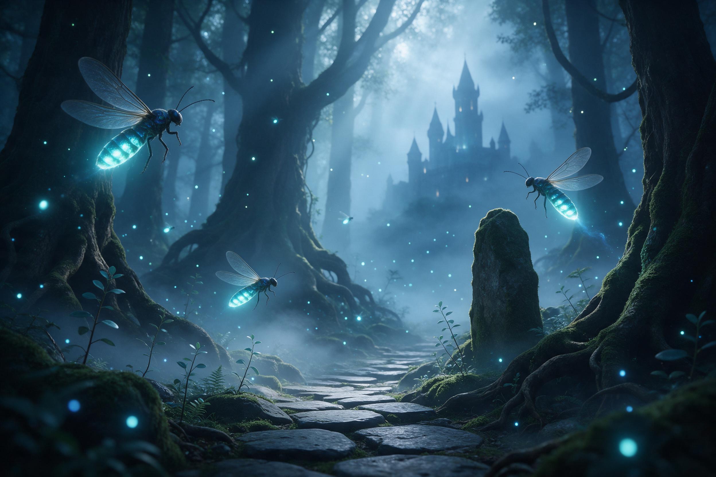 A misty ancient forest where giant glowing fireflies drift between moss-covered stones, a winding path leads to a distant castle silhouette. Soft blue and teal tones, ethereal light rays filtering through canopy, gentle fog, intricate detail on luminescent insects, subtle camera depth of field.