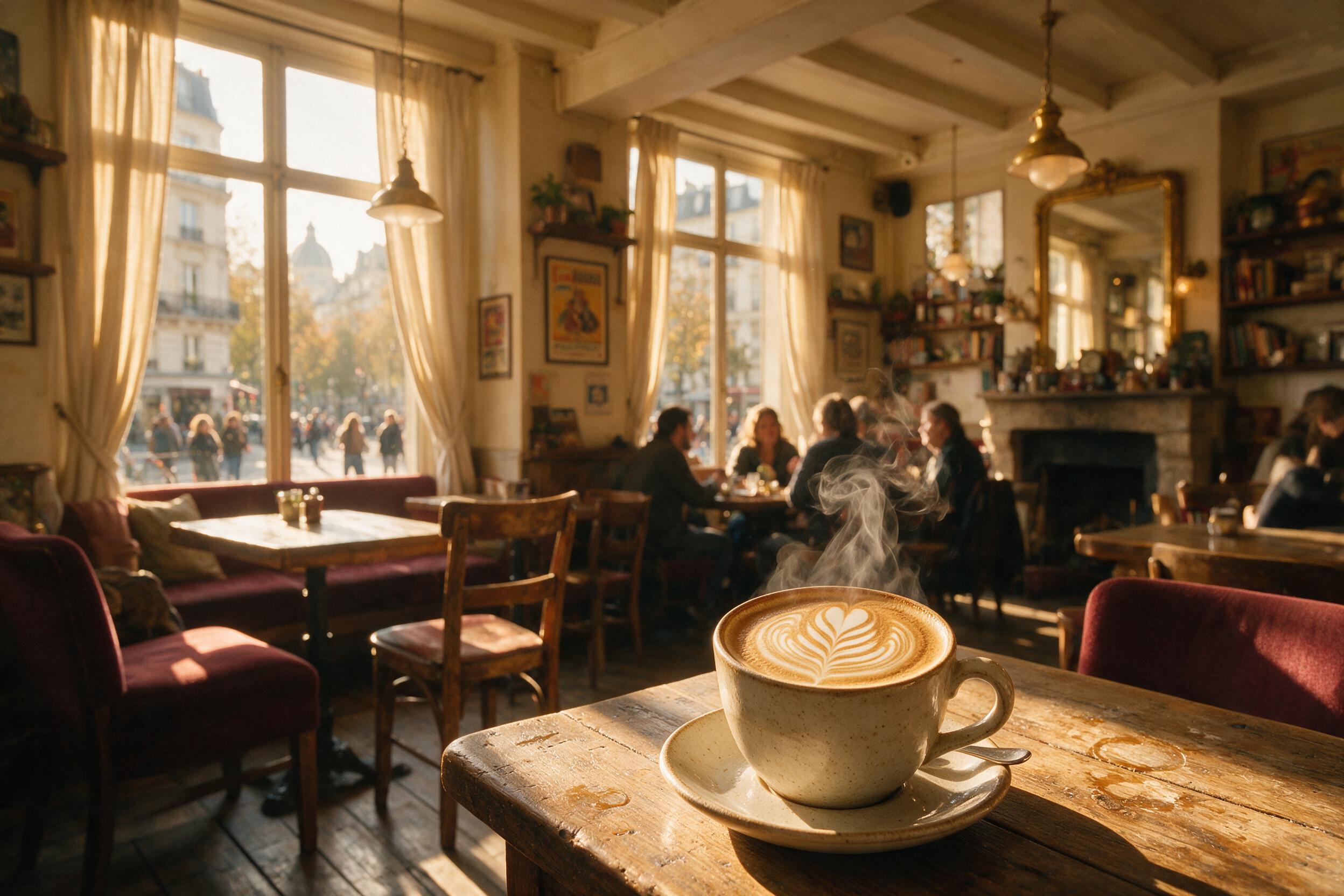 A cozy Parisian cafe interior during golden hour, warm sunlight streaming through large windows, casting long shadows on wooden tables, a latte art cup with steam rising, blurred background of patrons chatting, soft bokeh, natural lighting, slight film grain.