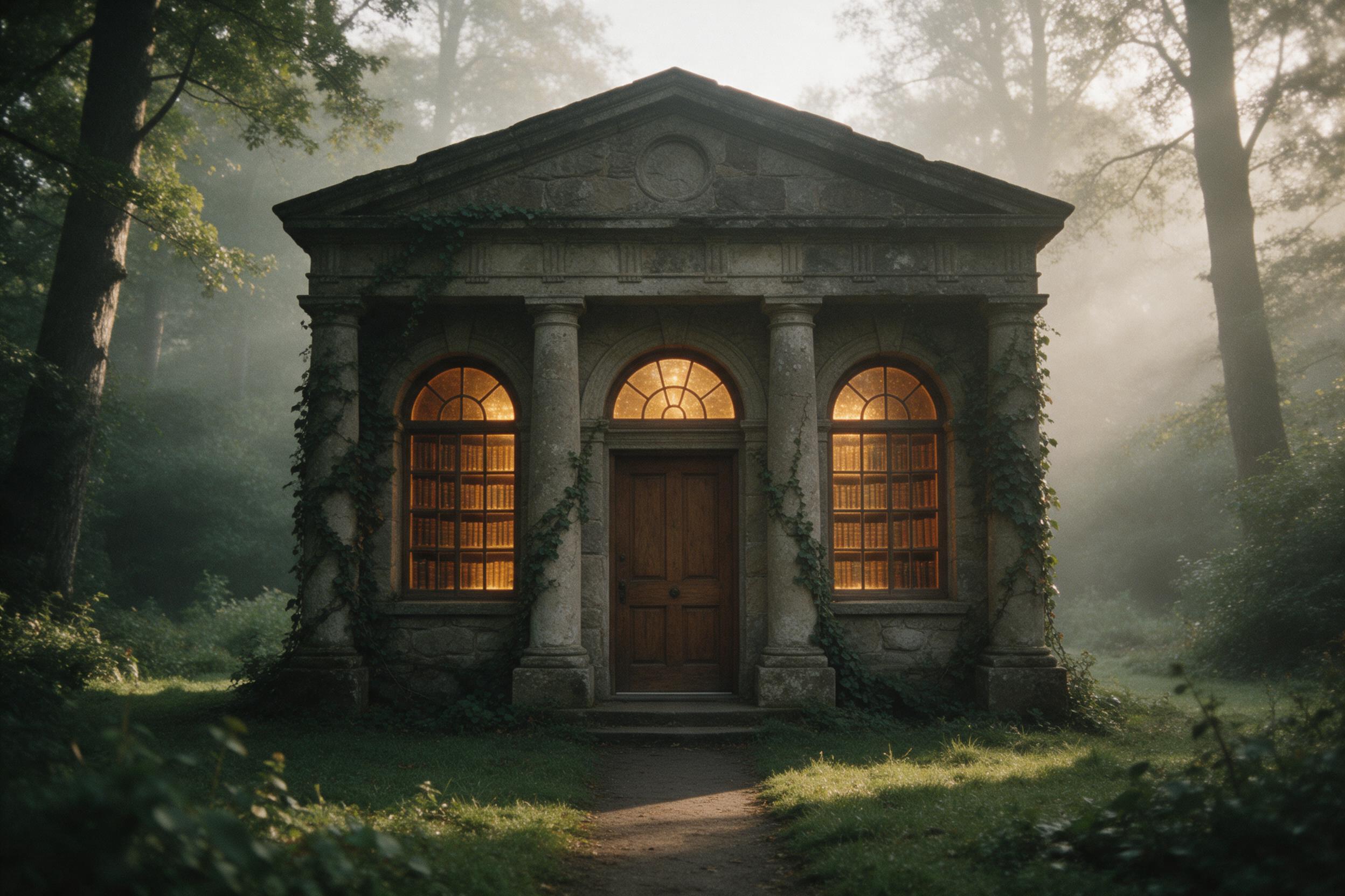 An ancient stone library nestled in a misty forest, its arched windows glowing with warm amber light, ivy climbing weathered columns, a narrow path leading to a heavy oak door, early morning fog diffusing soft sunlight, muted greens and browns, slight film grain, shot on 35mm lens.