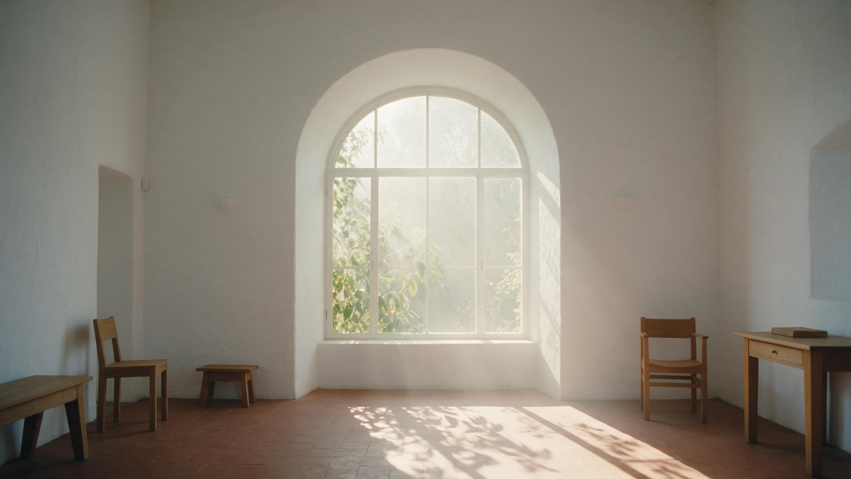 Sunlit minimalist interior with tall white walls, large arched window casting warm light on terracotta floor, leafy plant shadows, sparse oak furniture, textured plaster, soft haze, shot on 35mm with slight grain, composition centered on the window's geometry