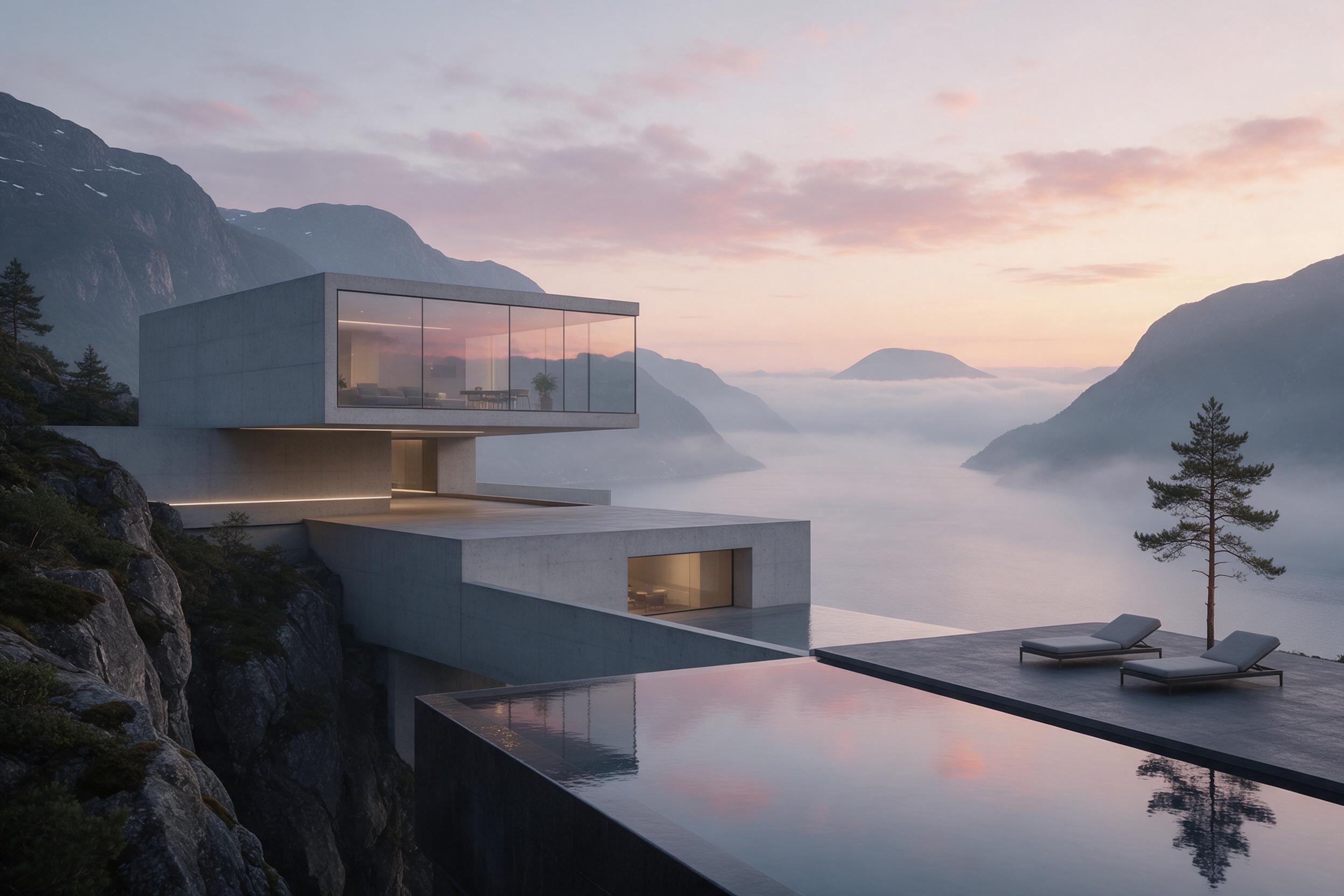 Minimalist concrete villa on a cliff edge overlooking a misty fjord at dawn, large glass walls reflecting soft pink and orange sky, gentle fog rolling over the water, distant mountains in layers, a single pine tree beside the pool, clean lines, calm atmosphere, natural light, slight haze