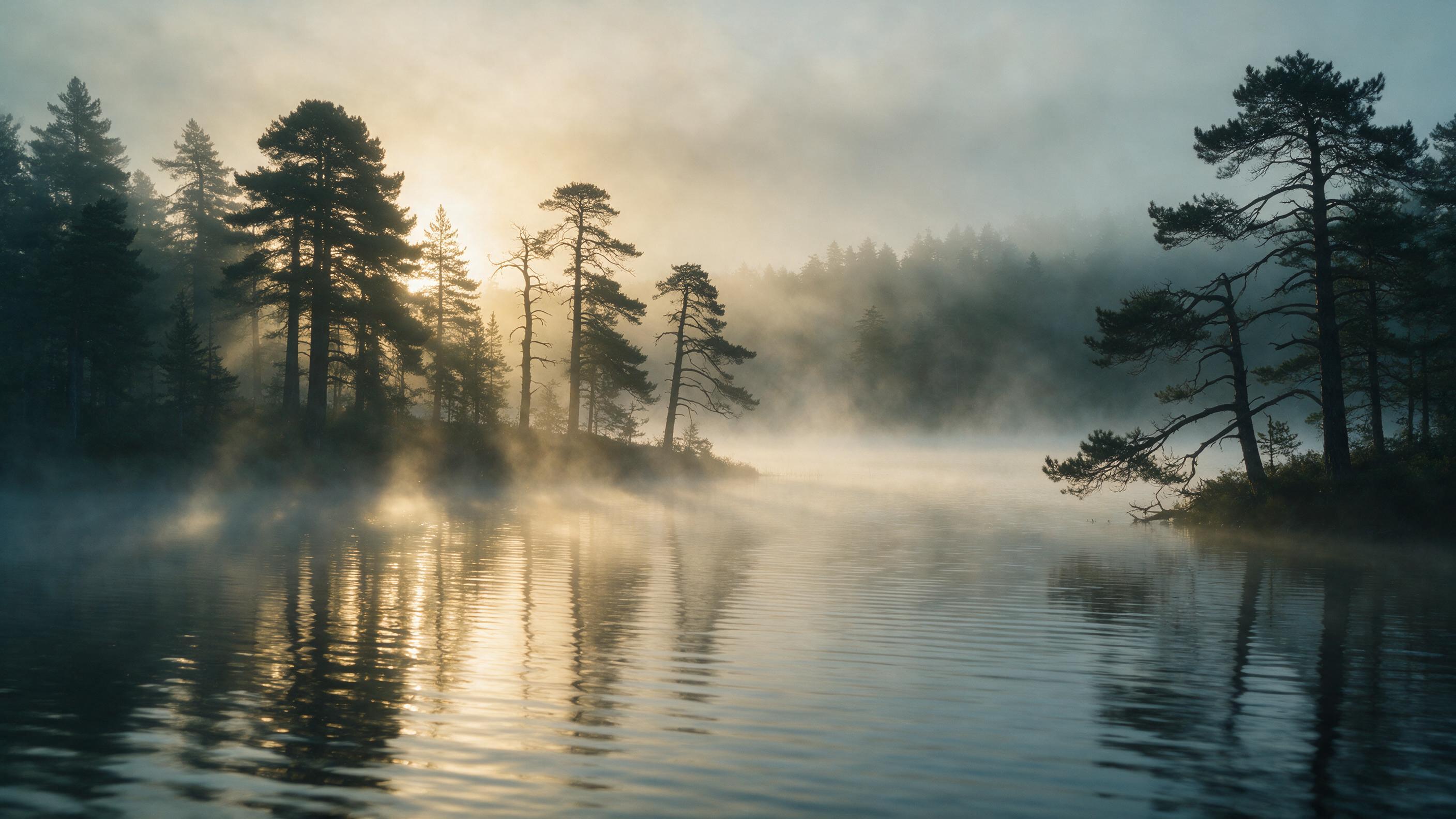 Misty morning over a calm lake, silhouetted pine trees on the shore, soft golden sunlight breaking through fog, gentle ripples reflecting the warm glow, long exposure with slight motion blur, peaceful atmosphere, natural color palette