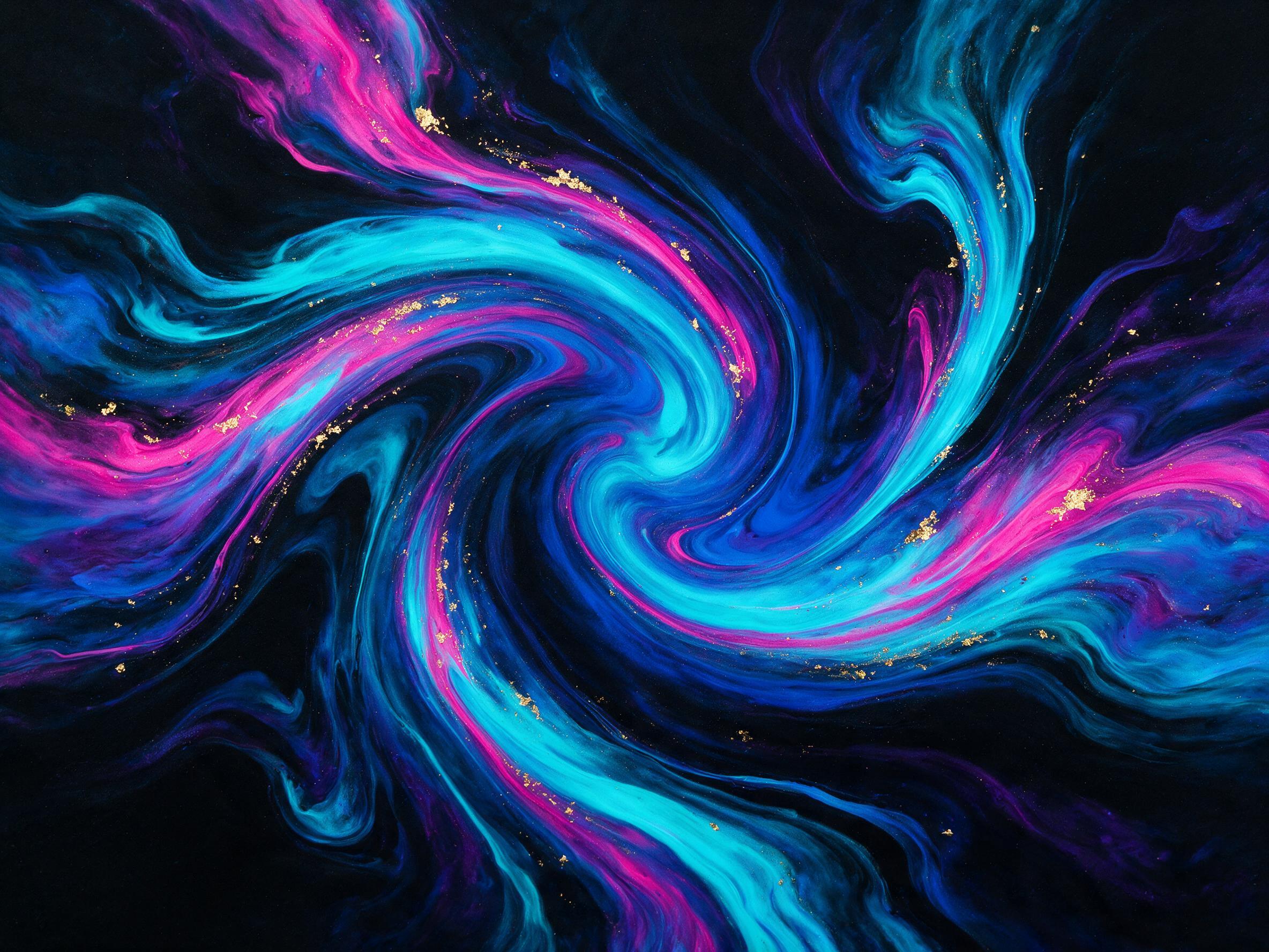 A fluid art composition of swirling neon cyan and magenta ink on black canvas, with organic ripples and subtle gold leaf accents, soft diffused studio lighting, minimal texture, no sharp edges or human figures.