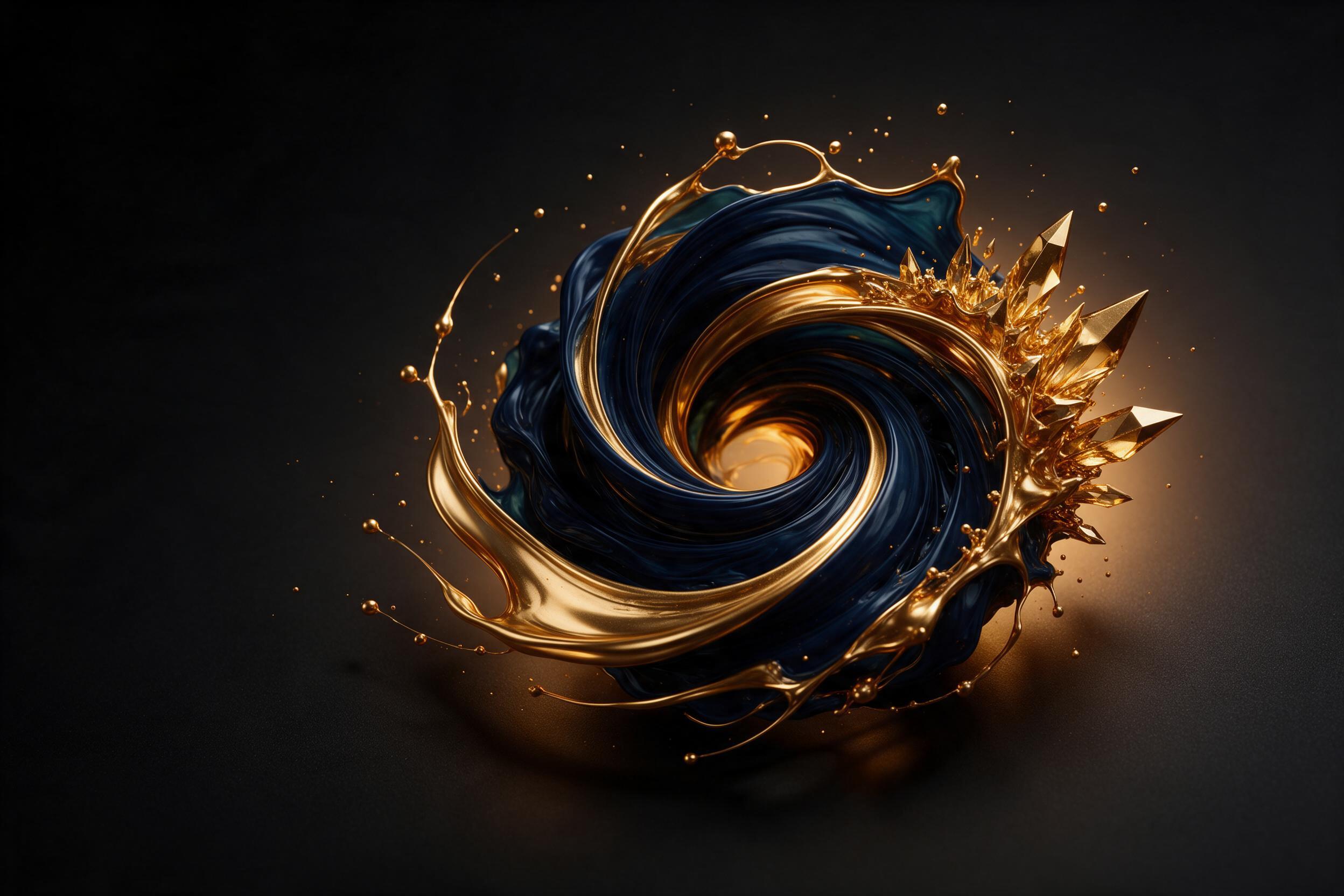 Molten gold and deep blue ink swirling in a vortex, sharp geometric spikes emerging from fluid curves, backlit with warm amber rim light, dark matte background, micro splatter details, soft studio shadow, minimalist composition with negative space