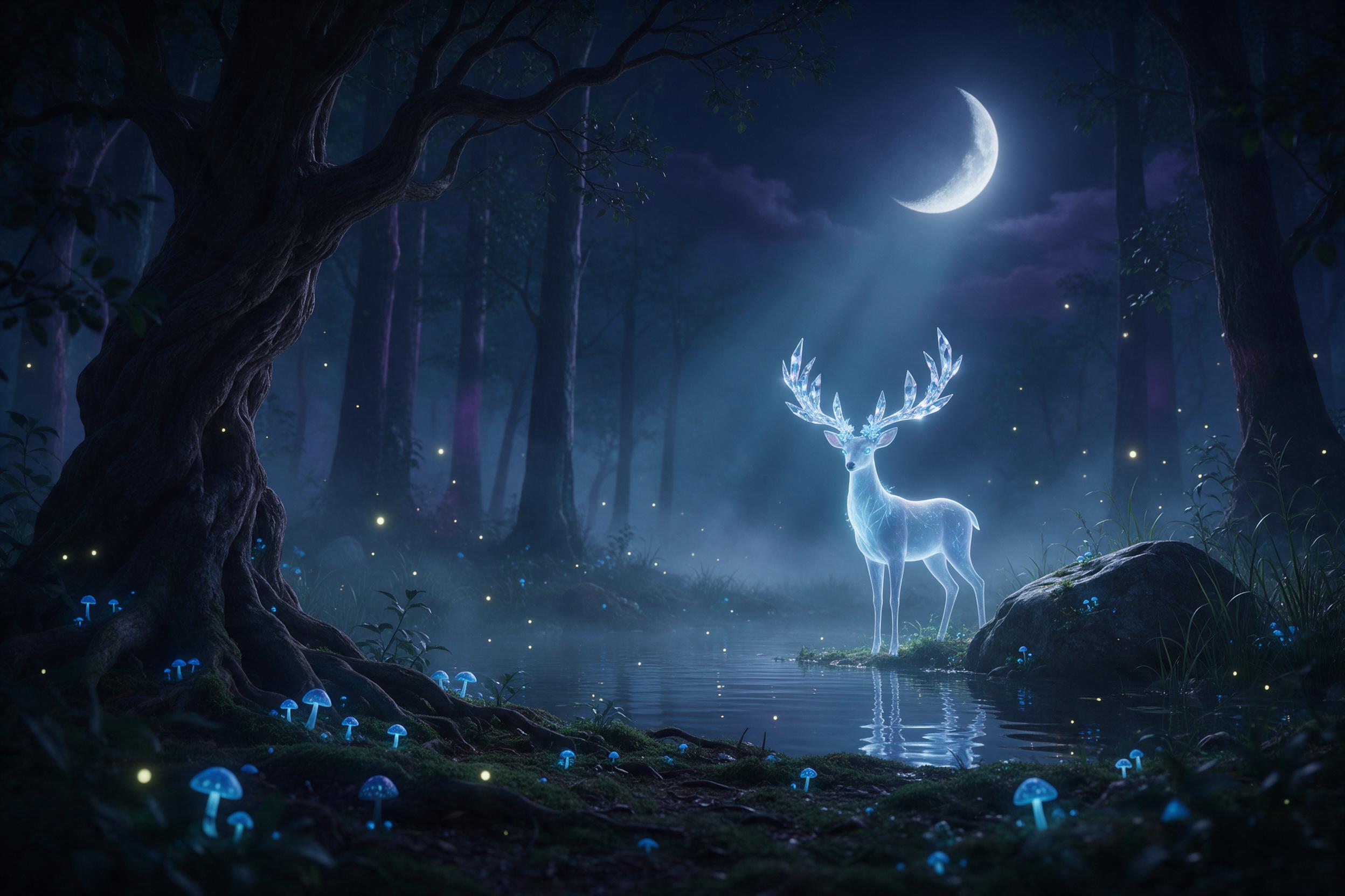 A misty moonlit forest clearing, ancient gnarled trees with bioluminescent blue mushrooms along the mossy ground, a glowing ethereal deer with crystal antlers stands by a small reflective pond, fireflies drifting in the air, soft volumetric light from the crescent moon above, deep teals and purples,