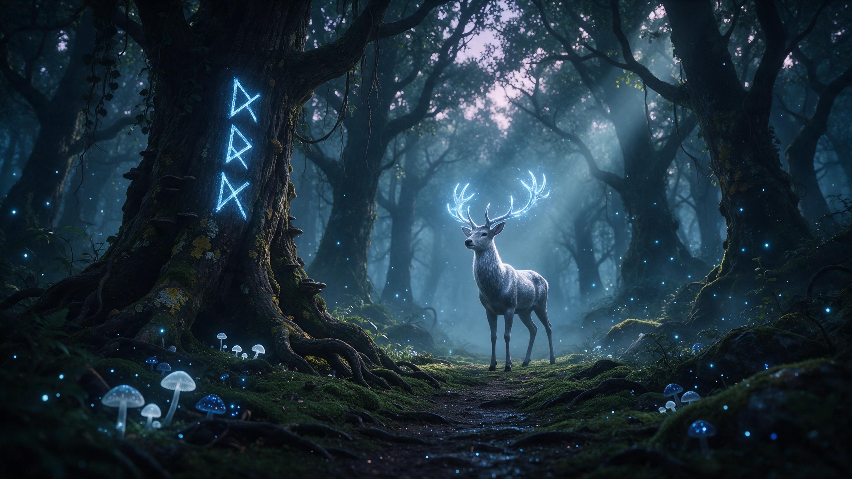 A misty enchanted forest at dawn, ancient gnarled trees with glowing blue runes, a silver stag with luminous antlers standing on a mossy path, soft volumetric light piercing through the canopy, scattered glowing mushrooms, ethereal fireflies, serene atmosphere, cinematic composition, detailed textur